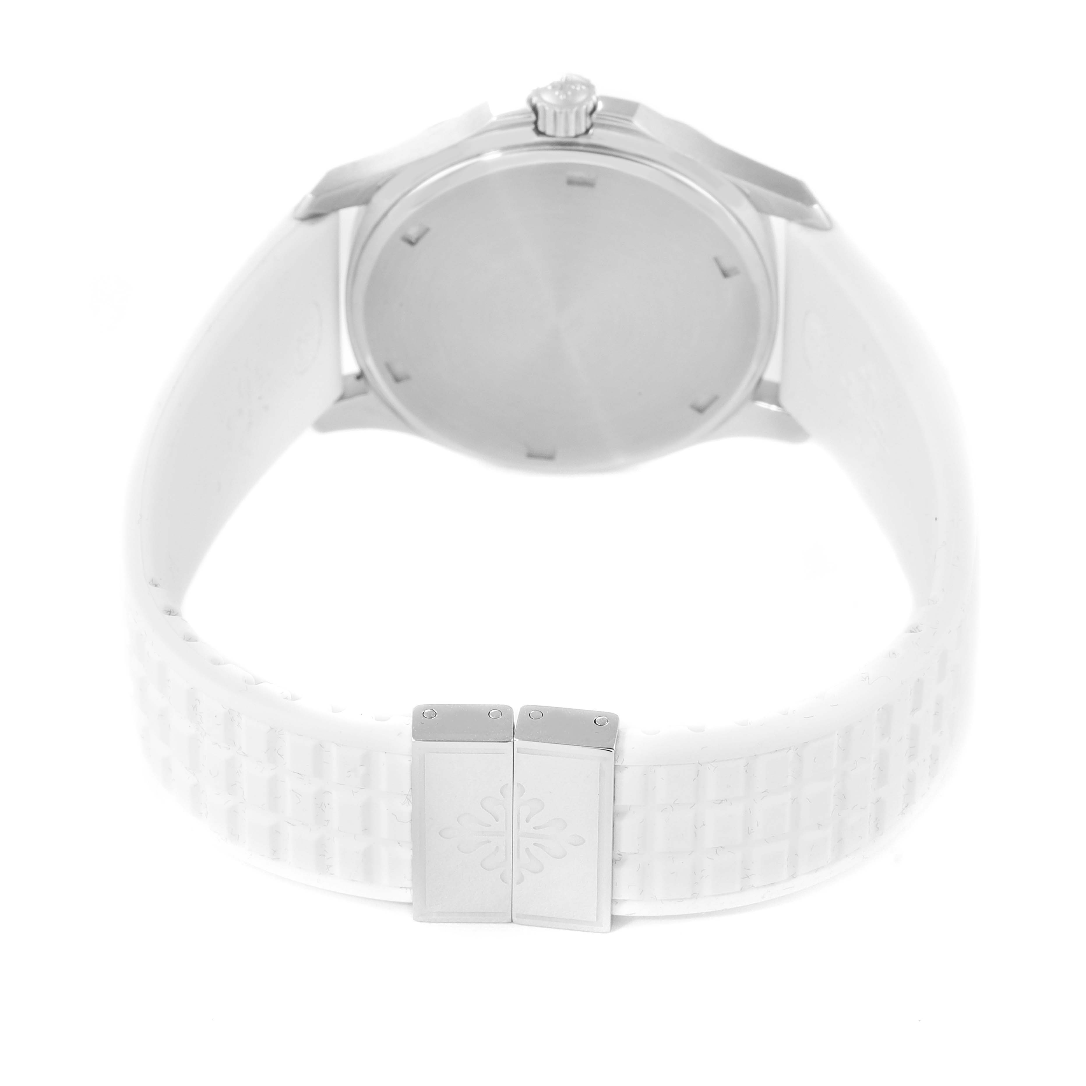 The image shows the back view of the Patek Philippe Aquanaut 5067A Women's Stainless Steel White Dial 5067A Women's Stainless Steel White Dial watch, highlighting the case back and the clasp on the strap.