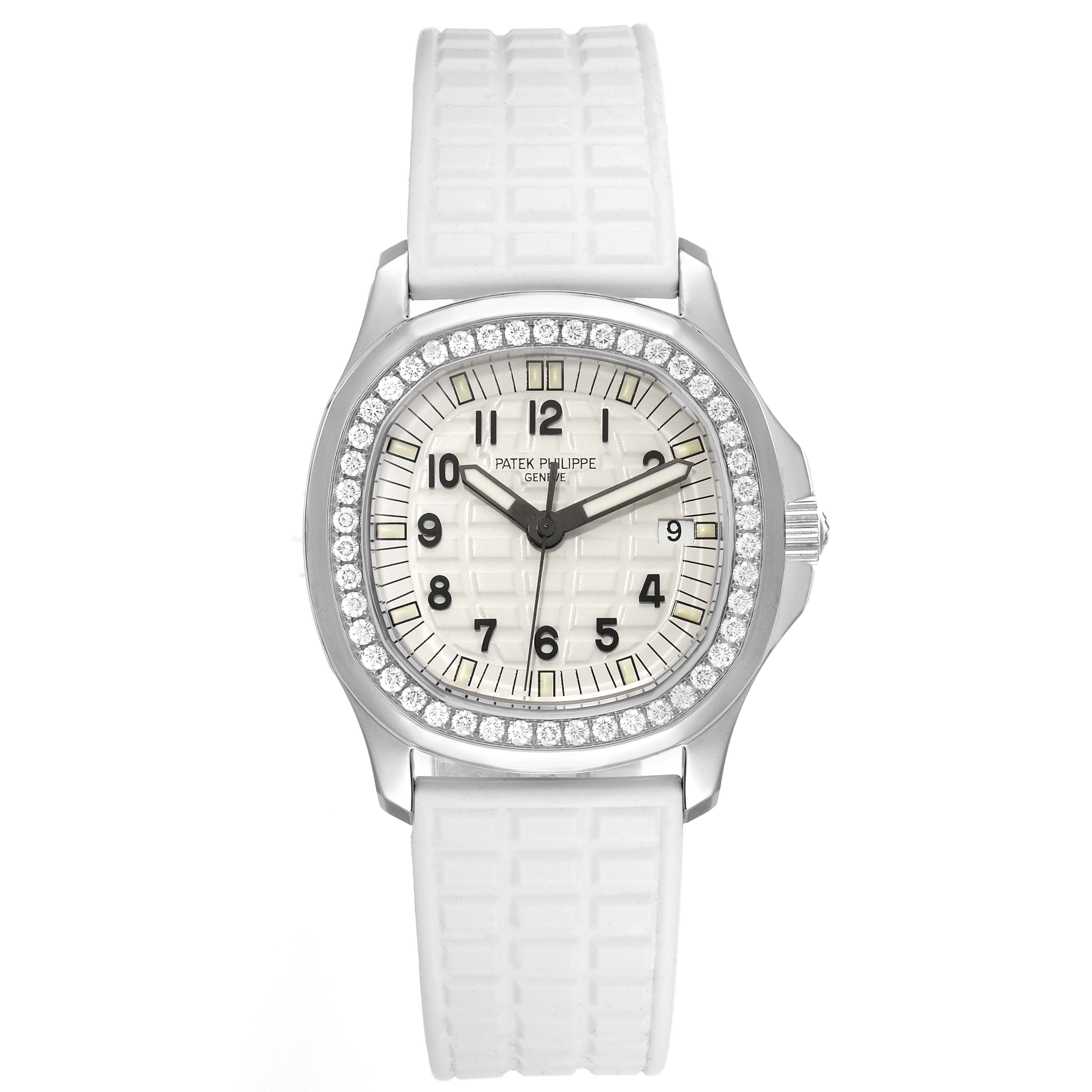 This image shows a front view of the Patek Philippe Aquanaut 5067A Women's Stainless Steel White Dial 5067A Women's Stainless Steel White Dial watch, highlighting the dial, bezel, and white strap.
