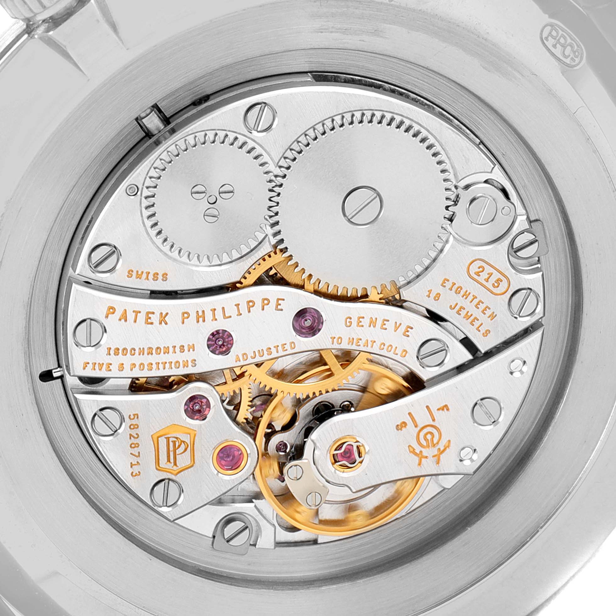 This is a close-up view of the movement mechanism of the Patek Philippe Calatrava 5119G Men
s White Gold White Dial 5119G Men
s White Gold White Dial watch.