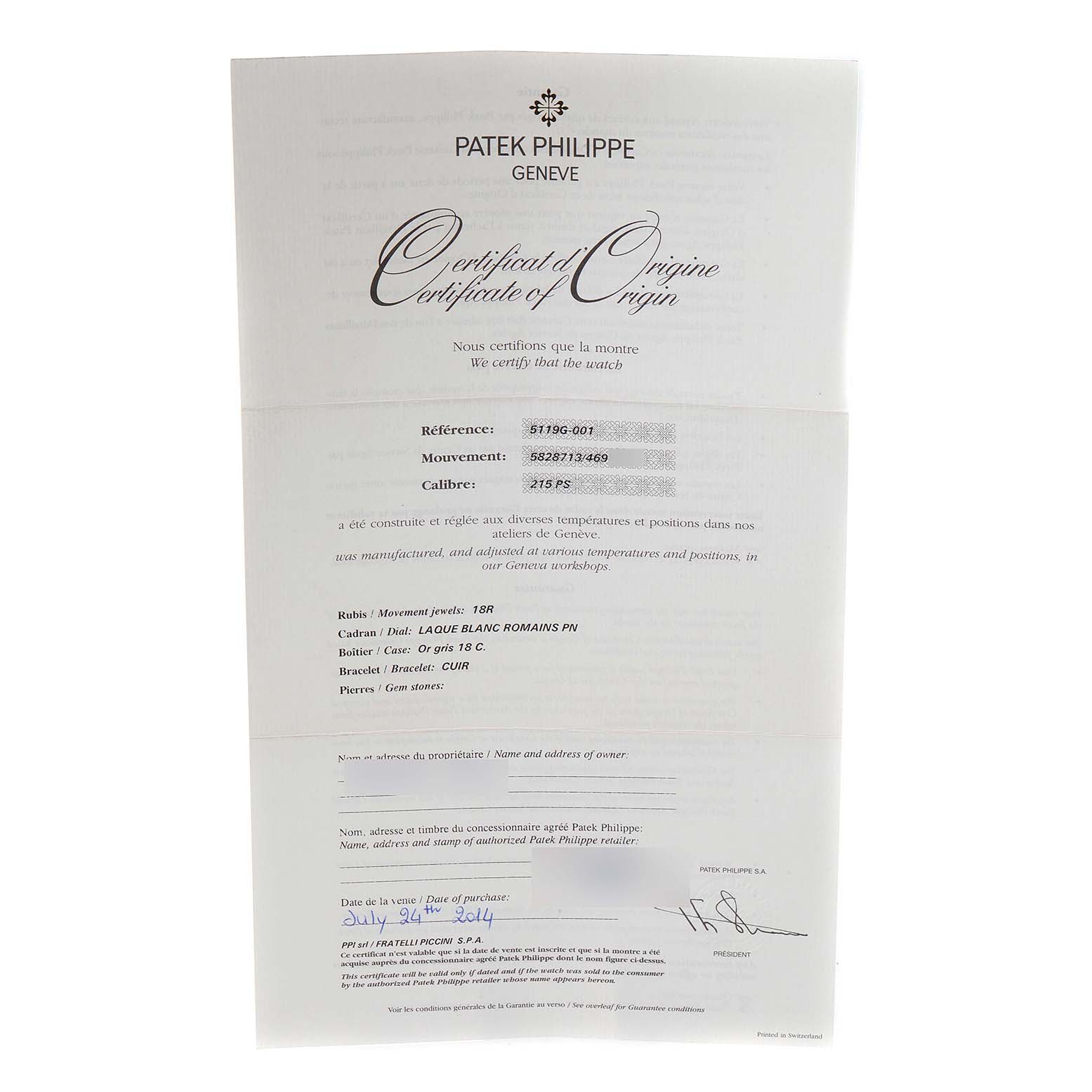 The image shows a Certificate of Origin for the Calatrava model by Patek Philippe.