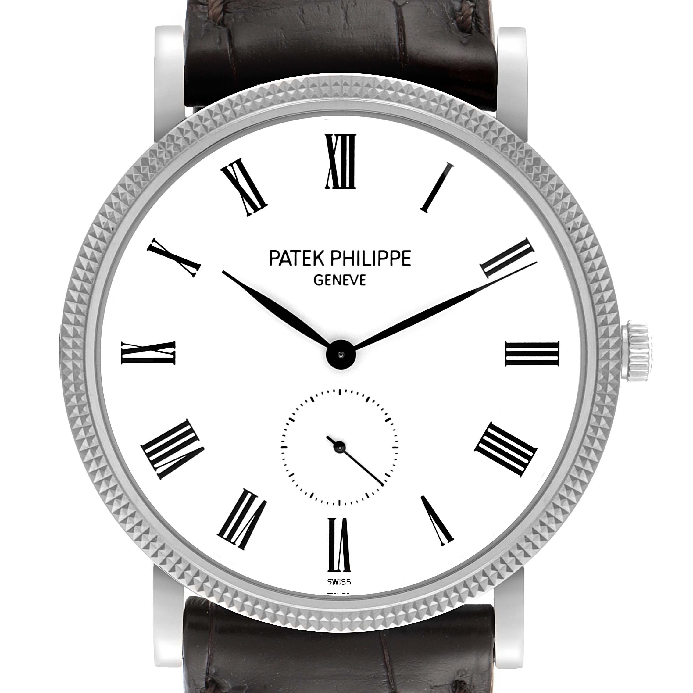 The image shows a front angle of the Patek Philippe Calatrava 5119G Men
s White Gold White Dial 5119G Men
s White Gold White Dial watch, displaying the dial, bezel, crown, and leather strap.