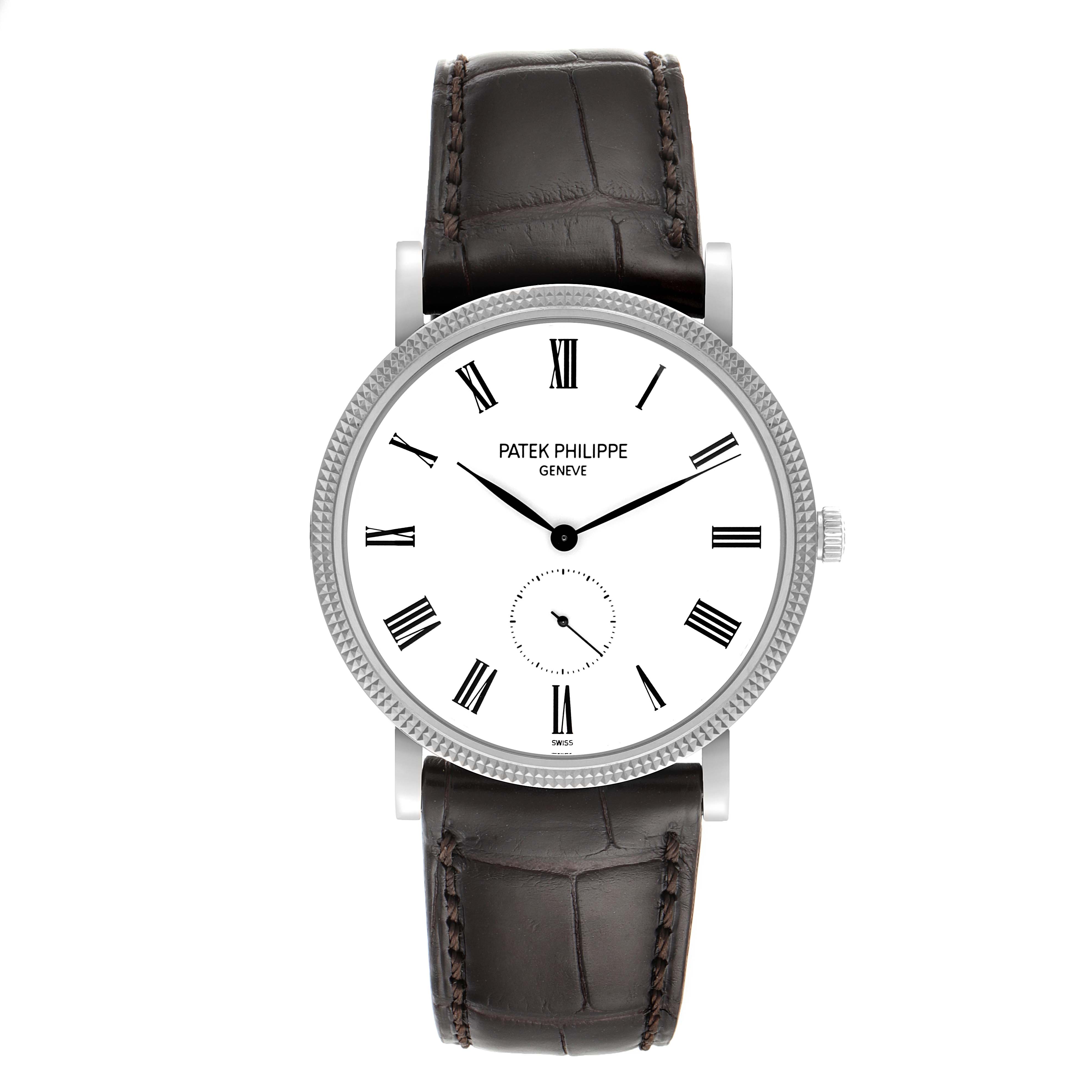 This image shows a front view of a Patek Philippe Calatrava 5119G Men
s White Gold White Dial 5119G Men
s White Gold White Dial watch with a white dial and brown leather strap.