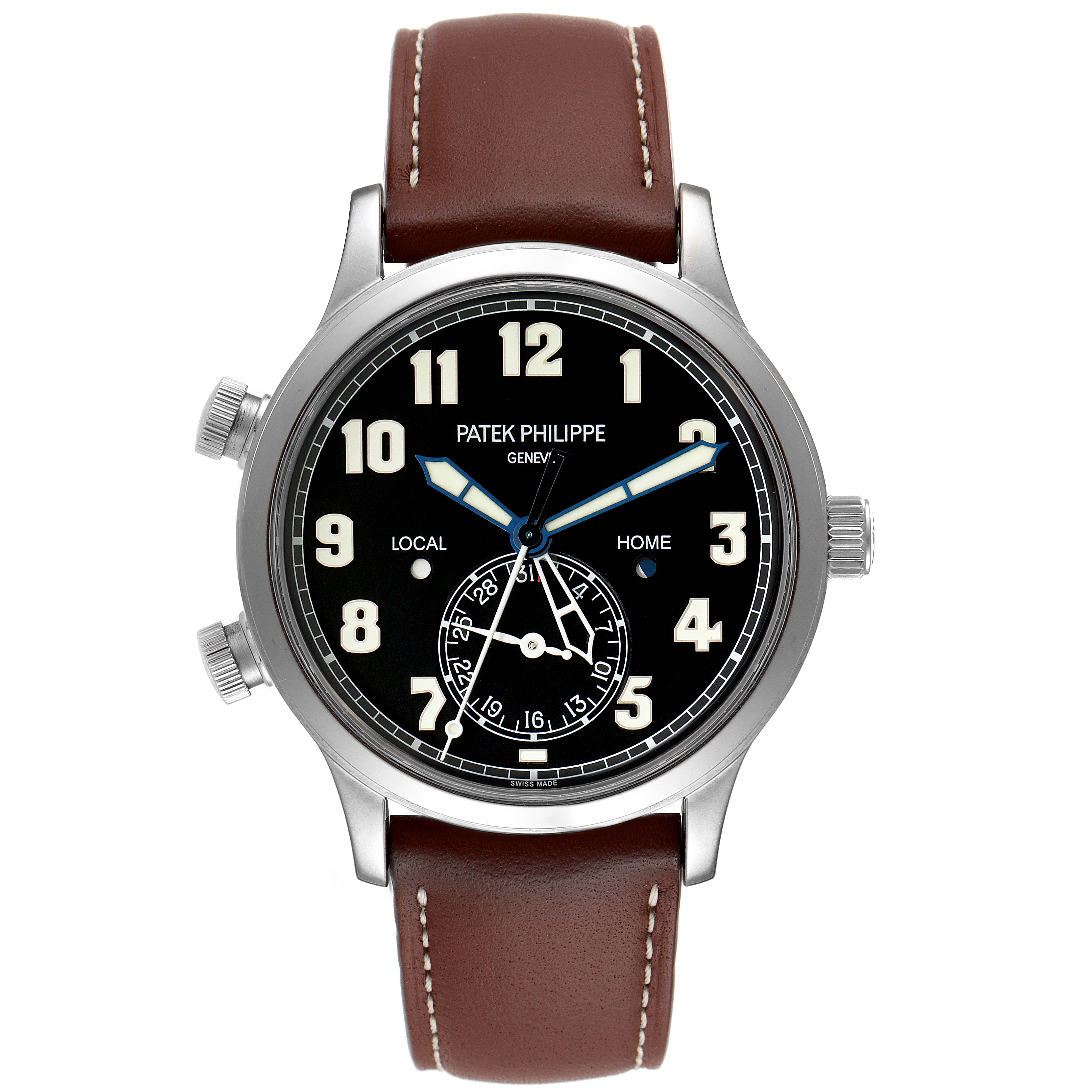 This image shows a front view of the Patek Philippe Calatrava 5524G Men's White Gold Blue Dial 5524G Men's White Gold Blue Dial watch, detailing its brown leather strap, black dial, and multiple dials and crowns.