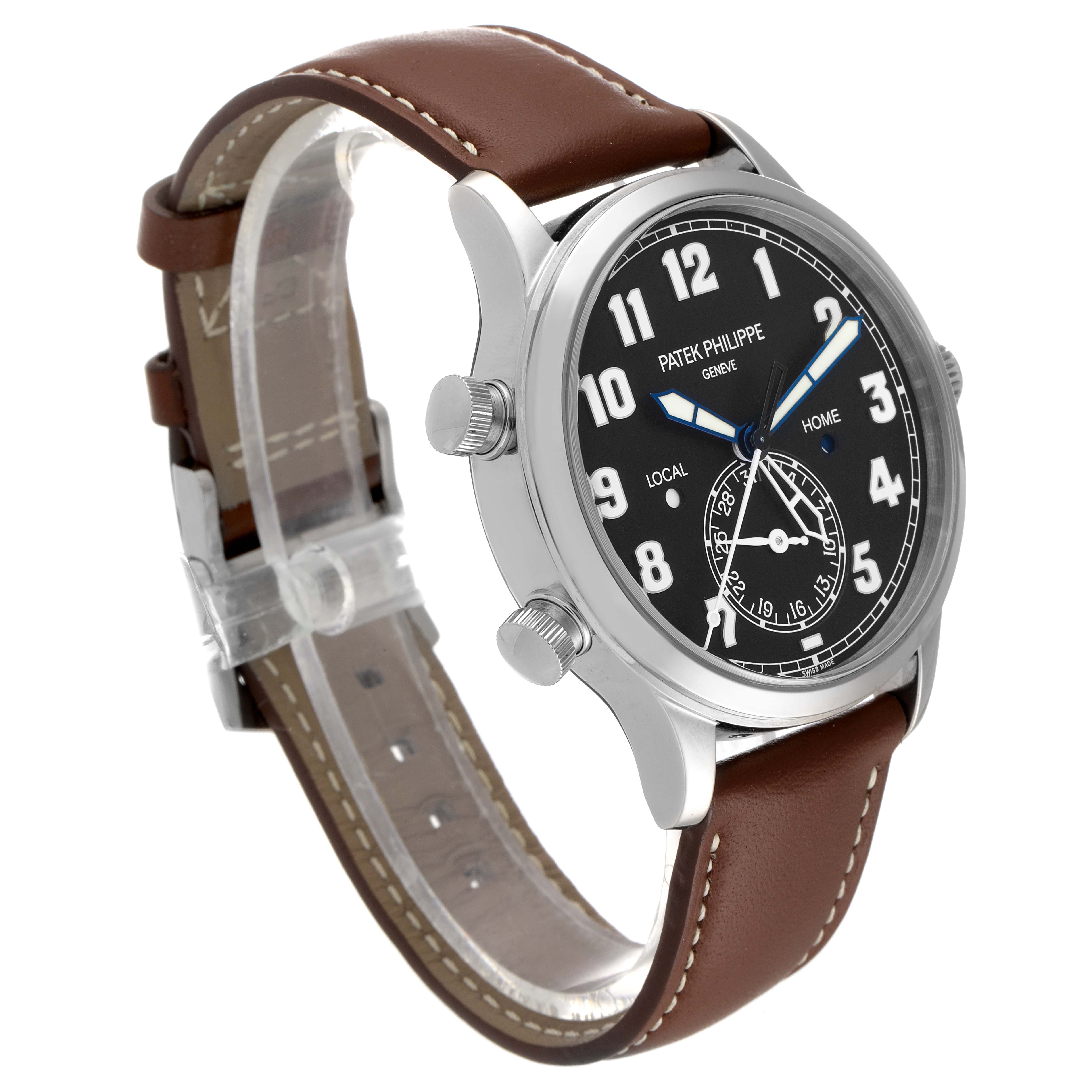 This image shows a Patek Philippe Calatrava 5524G Men's White Gold Blue Dial 5524G Men's White Gold Blue Dial watch at a three-quarter angle, highlighting the face, dial, case, and leather strap.