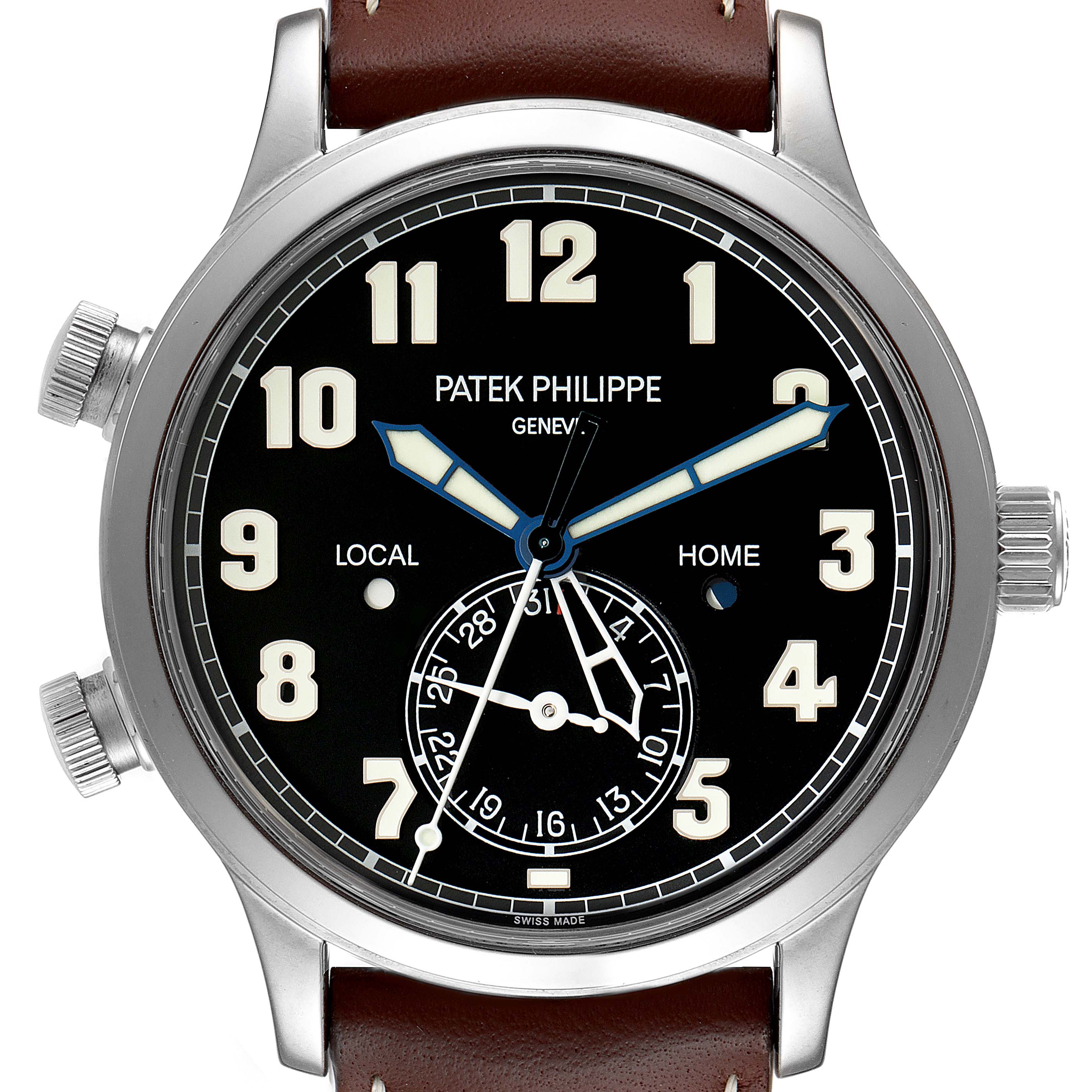 The image shows a front view of a Patek Philippe Calatrava 5524G Men's White Gold Blue Dial 5524G Men's White Gold Blue Dial watch, featuring its dial, hands, indices, and sub-dial.