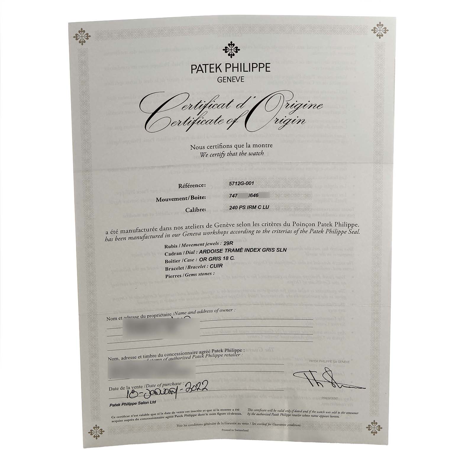 This image shows a Certificate of Origin for the Patek Philippe Nautilus 5712G-001 Men's White Gold Grey Dial model.