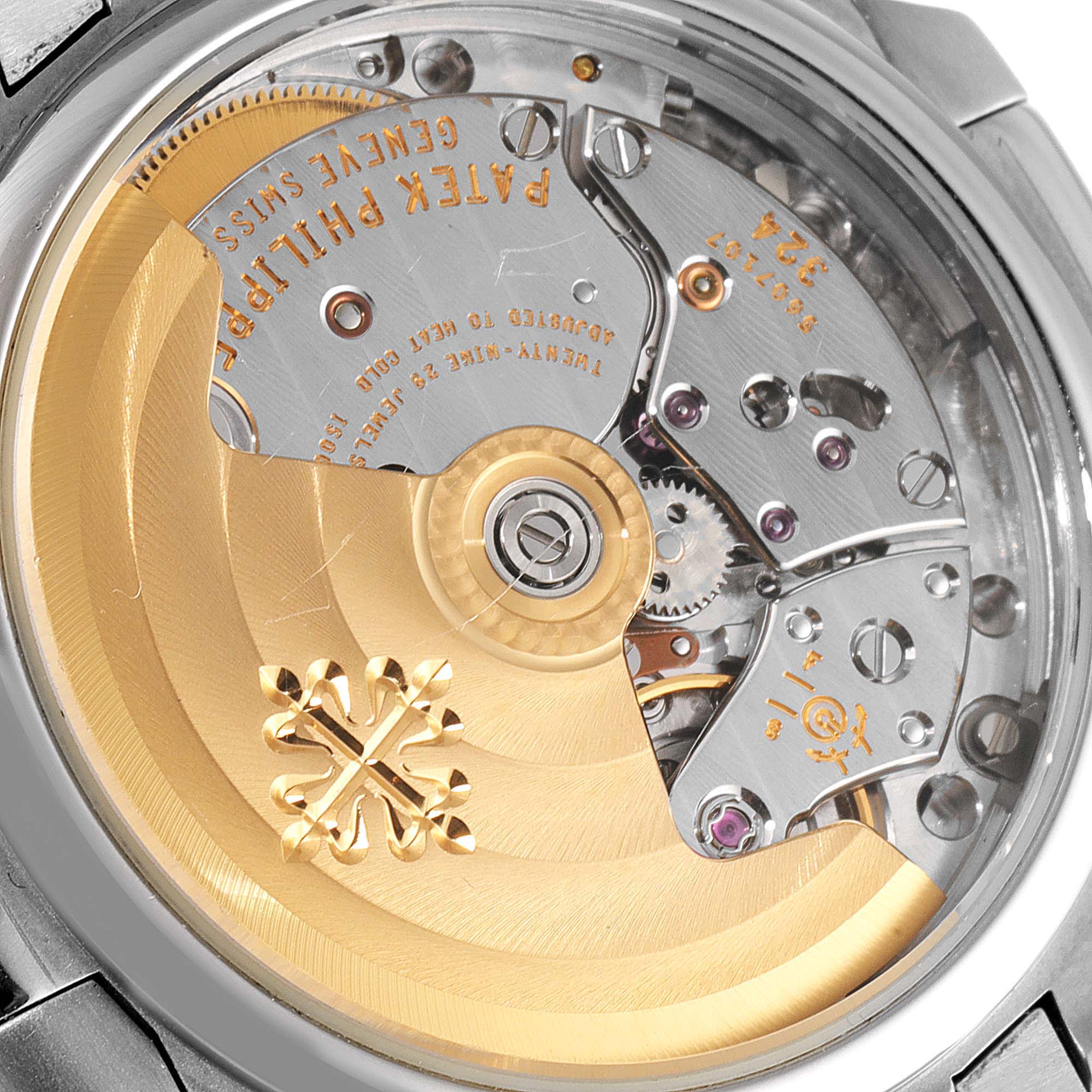 This image shows a close-up of the movement mechanism of a Patek Philippe Nautilus 7008/1A 001 Women's Stainless Steel Mother of Pearl Dial 7008/1A 001 Women's Stainless Steel Mother of Pearl Dial watch from a rear angle.