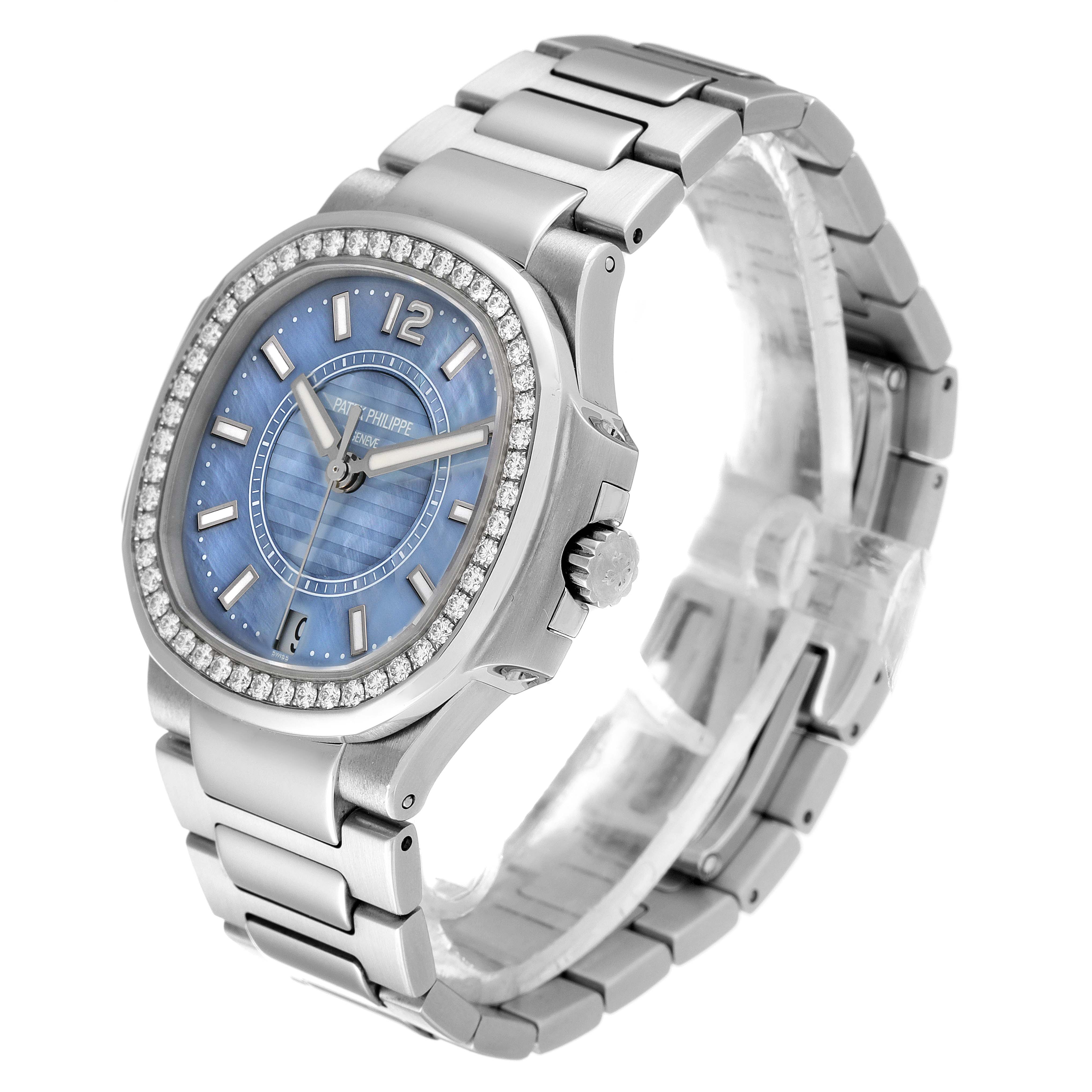 The Patek Philippe Nautilus 7008/1A 001 Women's Stainless Steel Mother of Pearl Dial 7008/1A 001 Women's Stainless Steel Mother of Pearl Dial watch is shown at a three-quarter angle, highlighting the face, bezel, crown, and bracelet.