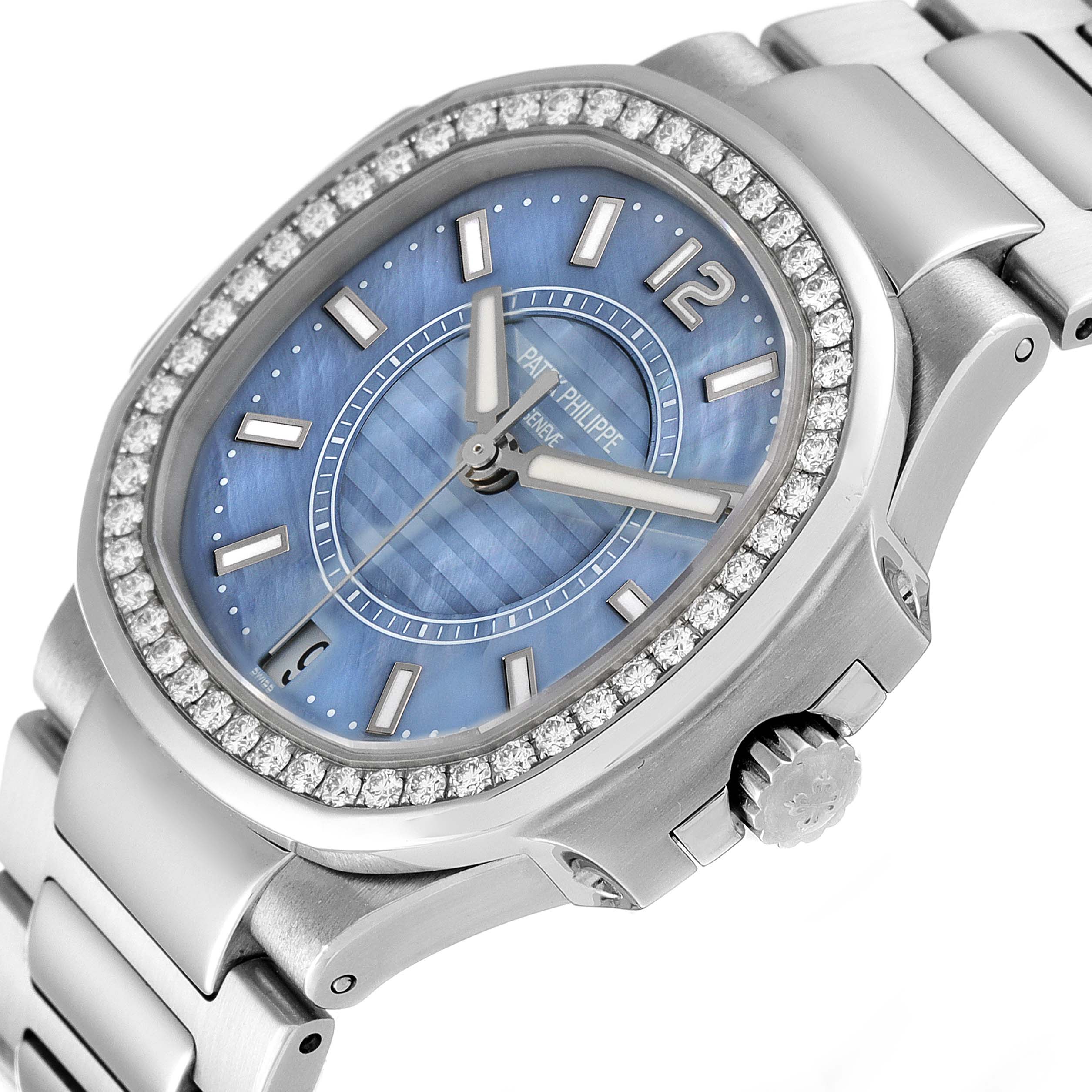 This image shows a close-up angle of the Patek Philippe Nautilus 7008/1A 001 Women's Stainless Steel Mother of Pearl Dial 7008/1A 001 Women's Stainless Steel Mother of Pearl Dial watch's dial, bezel, and part of the bracelet.