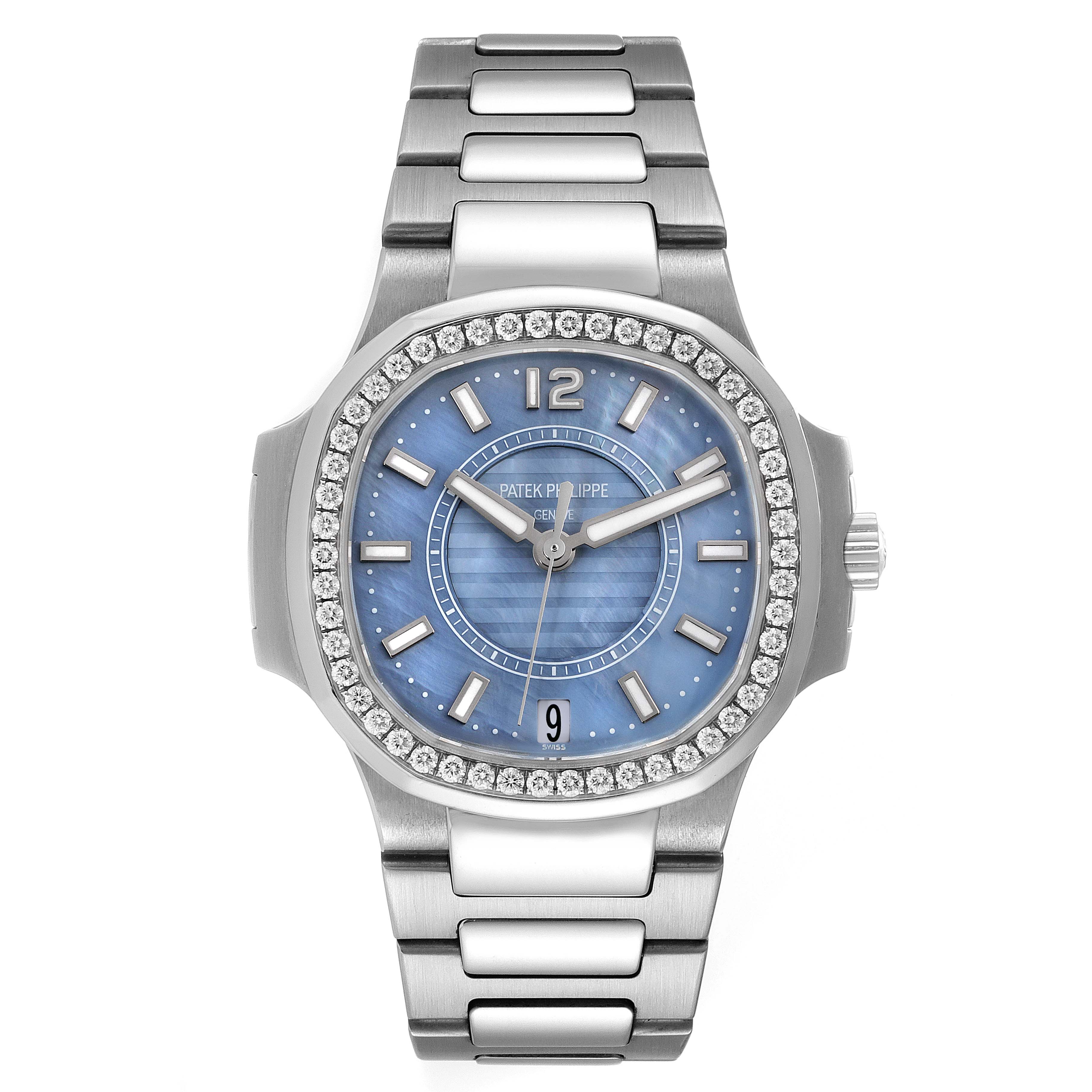 The image shows a front view of the Patek Philippe Nautilus 7008/1A 001 Women's Stainless Steel Mother of Pearl Dial 7008/1A 001 Women's Stainless Steel Mother of Pearl Dial watch with a blue dial and diamond bezel.