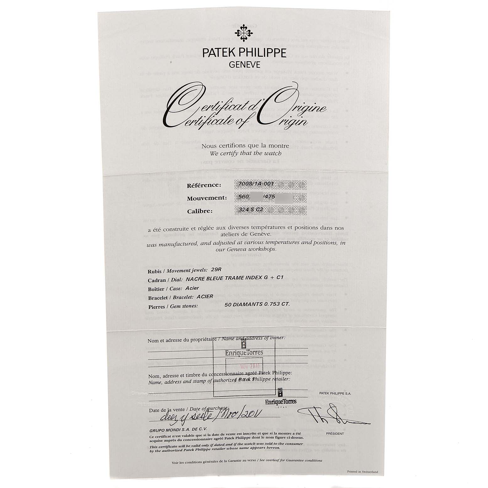 The image shows the Certificate of Origin for the Patek Philippe Nautilus 7008/1A 001 Women's Stainless Steel Mother of Pearl Dial 7008/1A 001 Women's Stainless Steel Mother of Pearl Dial watch, detailing its specifications and authenticity.