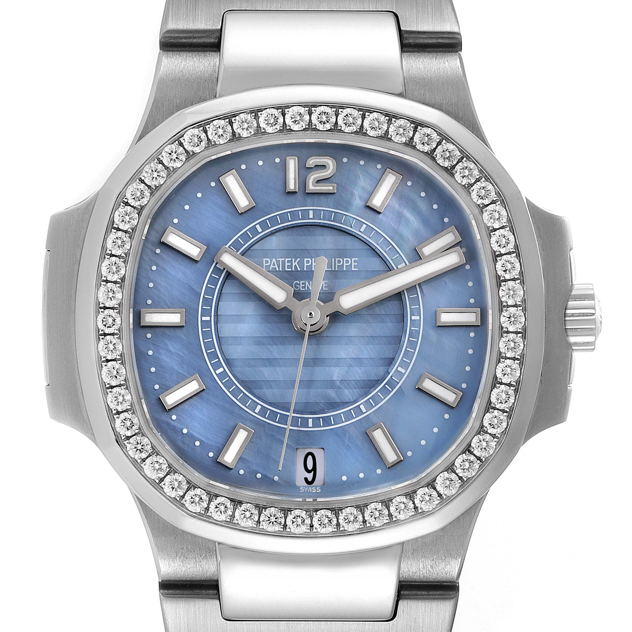 This image shows a front view of a Patek Philippe Nautilus 7008/1A 001 Women's Stainless Steel Mother of Pearl Dial 7008/1A 001 Women's Stainless Steel Mother of Pearl Dial watch with a blue dial and diamond bezel.