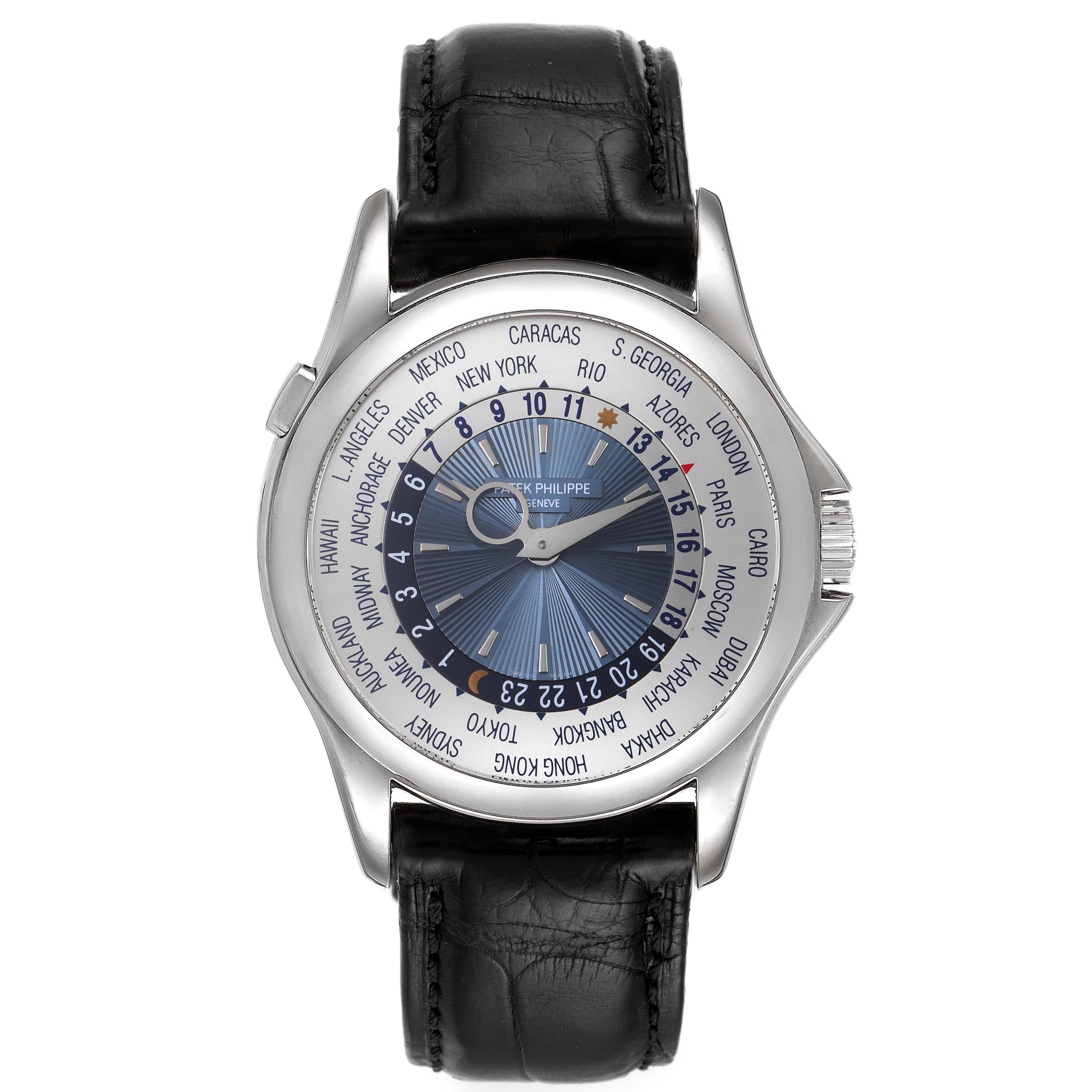 The image shows a front view of the Patek Philippe Complications 5130P Men's Platinum Silver Dial 5130P Men's Platinum Silver Dial watch, featuring a world time dial and a black leather strap.