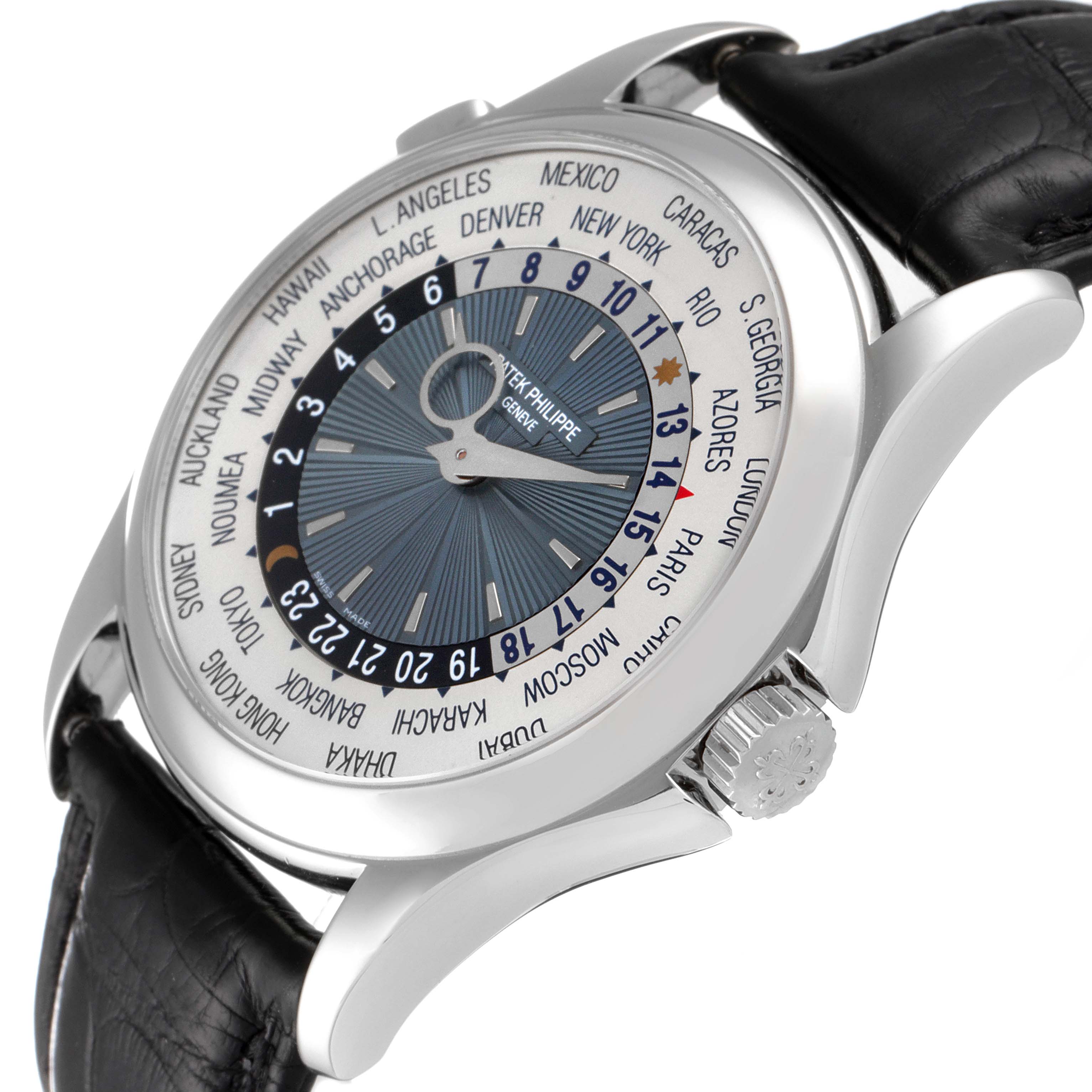 This image shows a side angle of the Patek Philippe Complications 5130P Men's Platinum Silver Dial 5130P Men's Platinum Silver Dial model, highlighting the face, bezel, and crown.