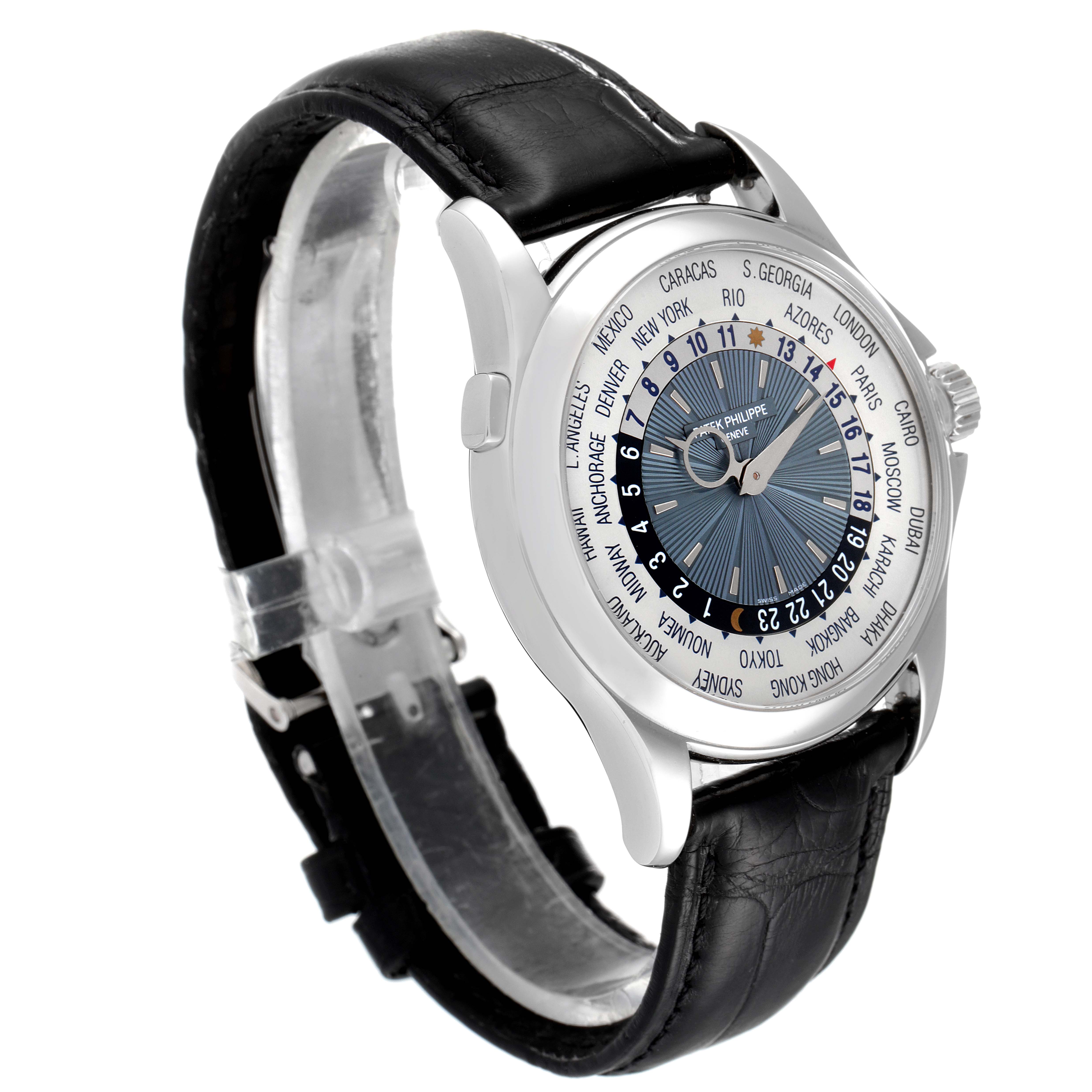 The image shows a Patek Philippe Complications 5130P Men's Platinum Silver Dial 5130P Men's Platinum Silver Dial watch angled from the left side, featuring the face and black leather strap.