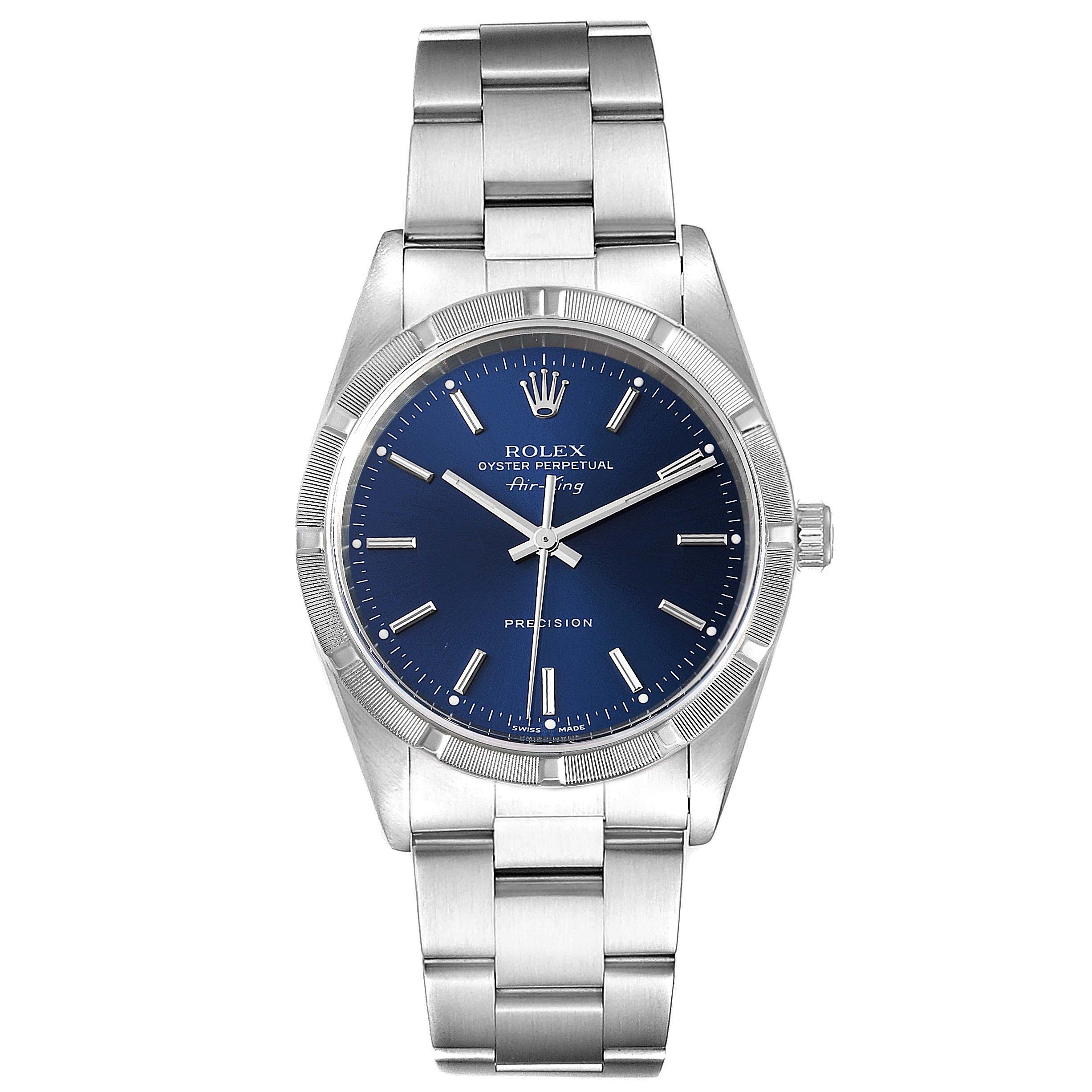 The image shows a front view of a Rolex Air-King 14010 Men's Stainless Steel Blue Dial 14010 Men's Stainless Steel Blue Dial watch featuring a blue dial and a stainless steel bracelet.