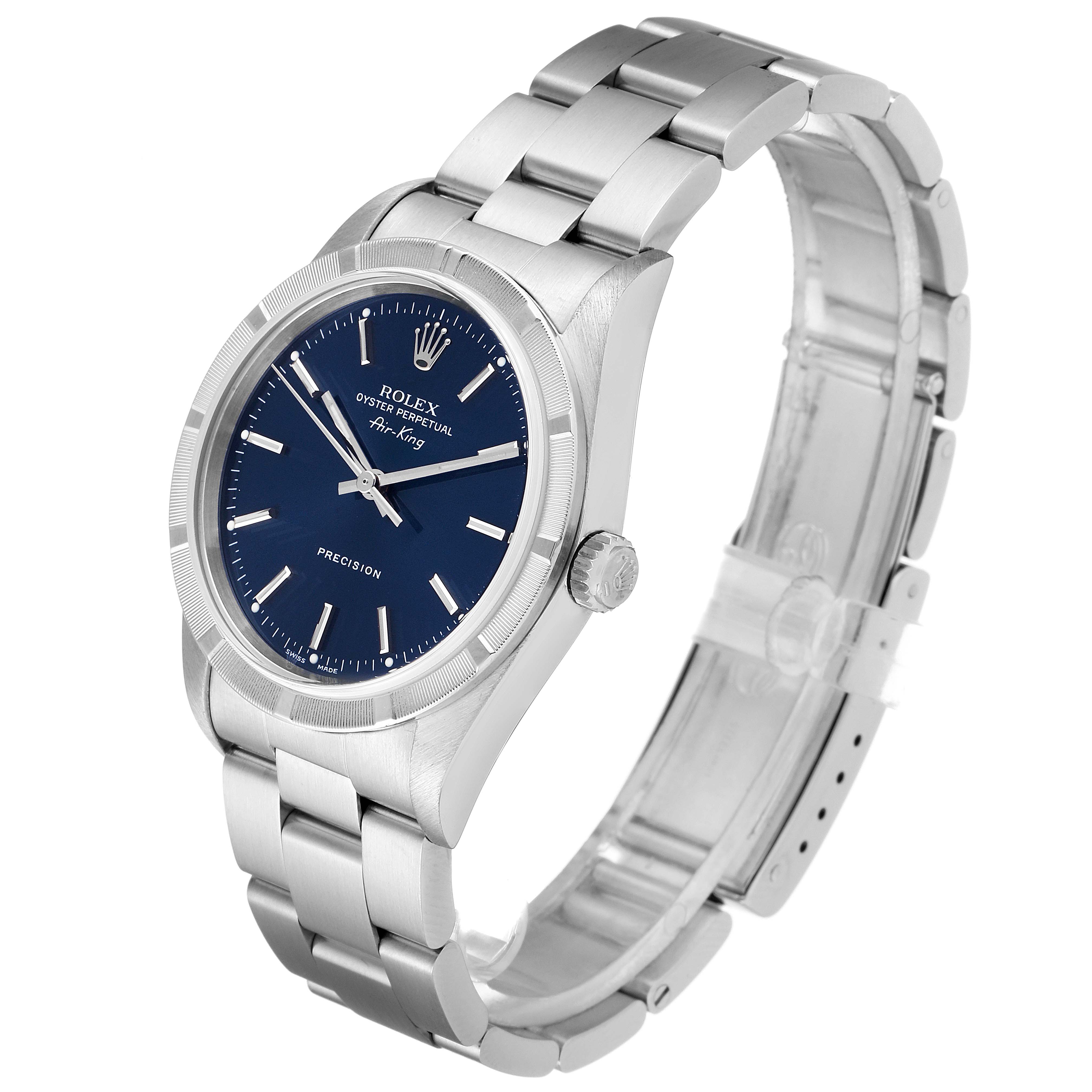 The Rolex Air-King 14010 Men's Stainless Steel Blue Dial 14010 Men's Stainless Steel Blue Dial watch is angled slightly to show the face, bracelet, and crown.