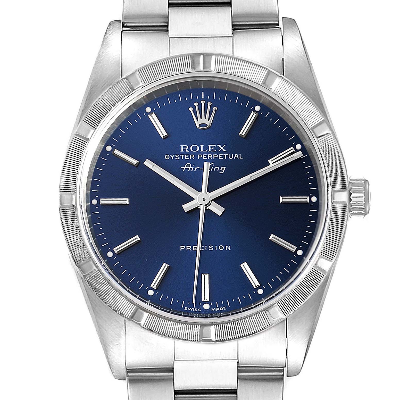The image shows a front-facing view of the Rolex Air-King 14010 Men's Stainless Steel Blue Dial 14010 Men's Stainless Steel Blue Dial watch, highlighting the blue dial, hour markers, and stainless steel case.