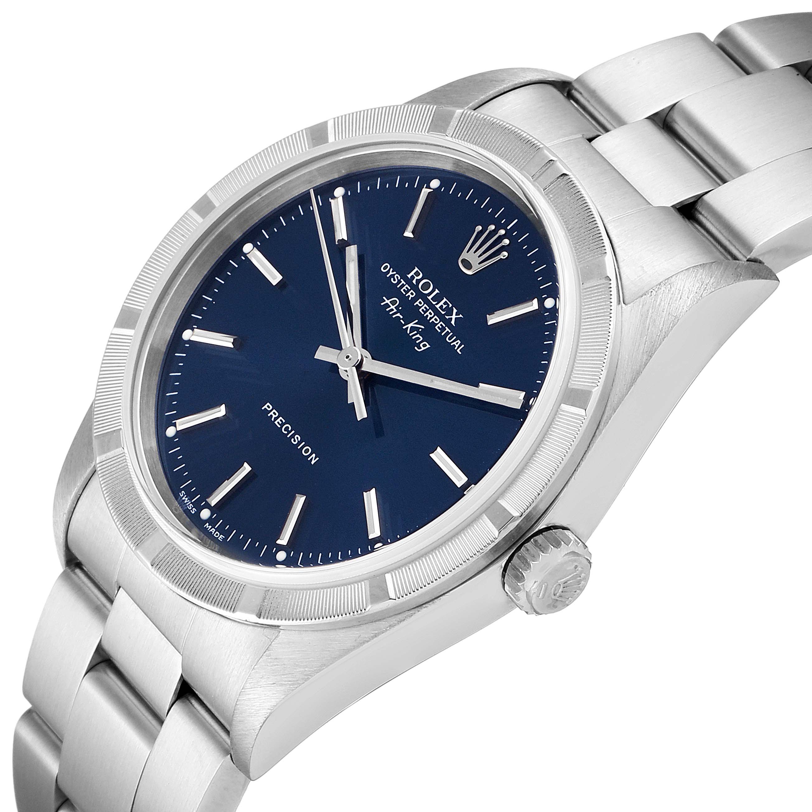 The image shows a side-angle view of a Rolex Air-King 14010 Men's Stainless Steel Blue Dial 14010 Men's Stainless Steel Blue Dial watch, displaying the face, bezel, crown, and part of the bracelet.