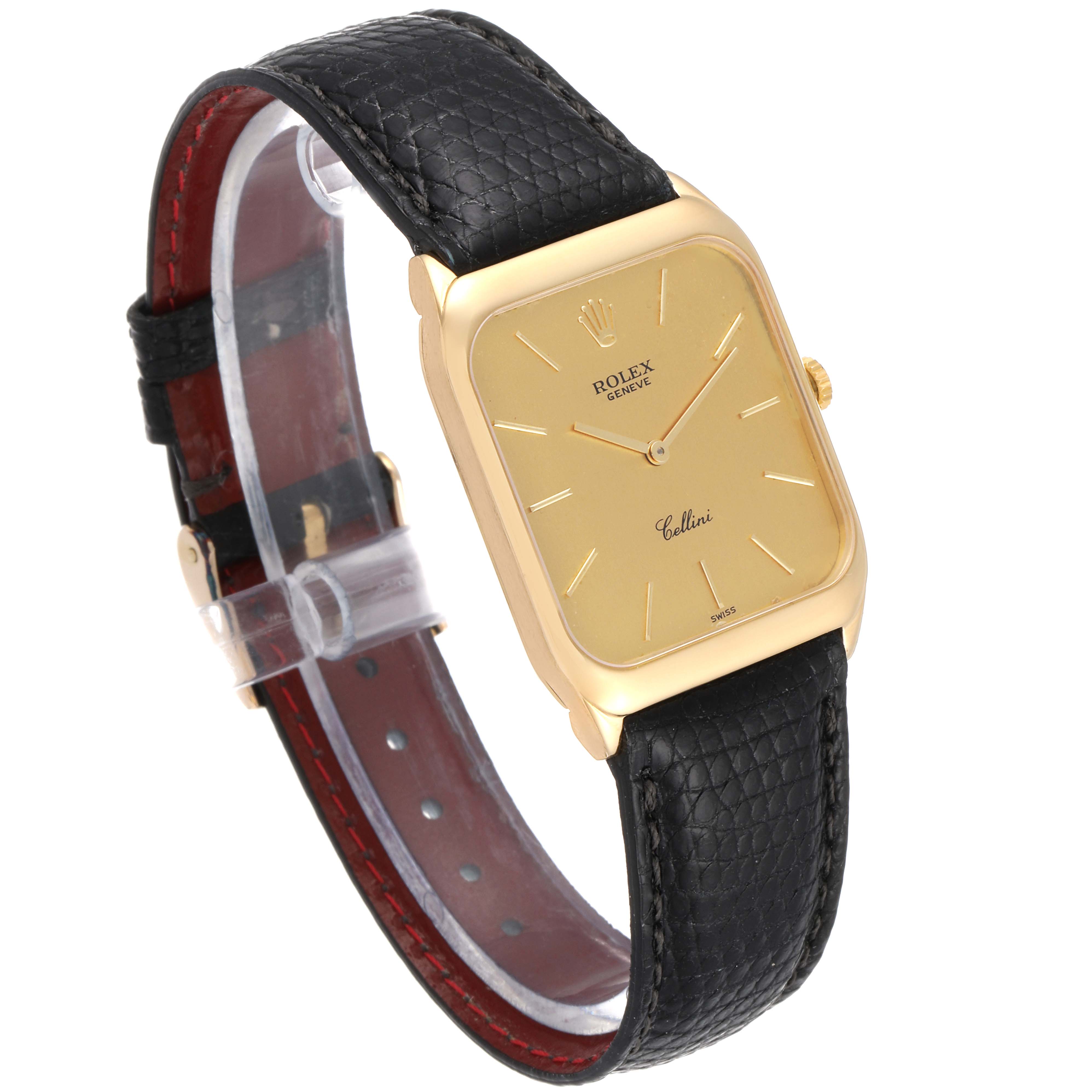 This Rolex Cellini 4135 Men's Yellow Gold Champagne Dial 4135 Men's Yellow Gold Champagne Dial model is shown at a diagonal angle, featuring its gold rectangular face, black leather strap, and side crown.