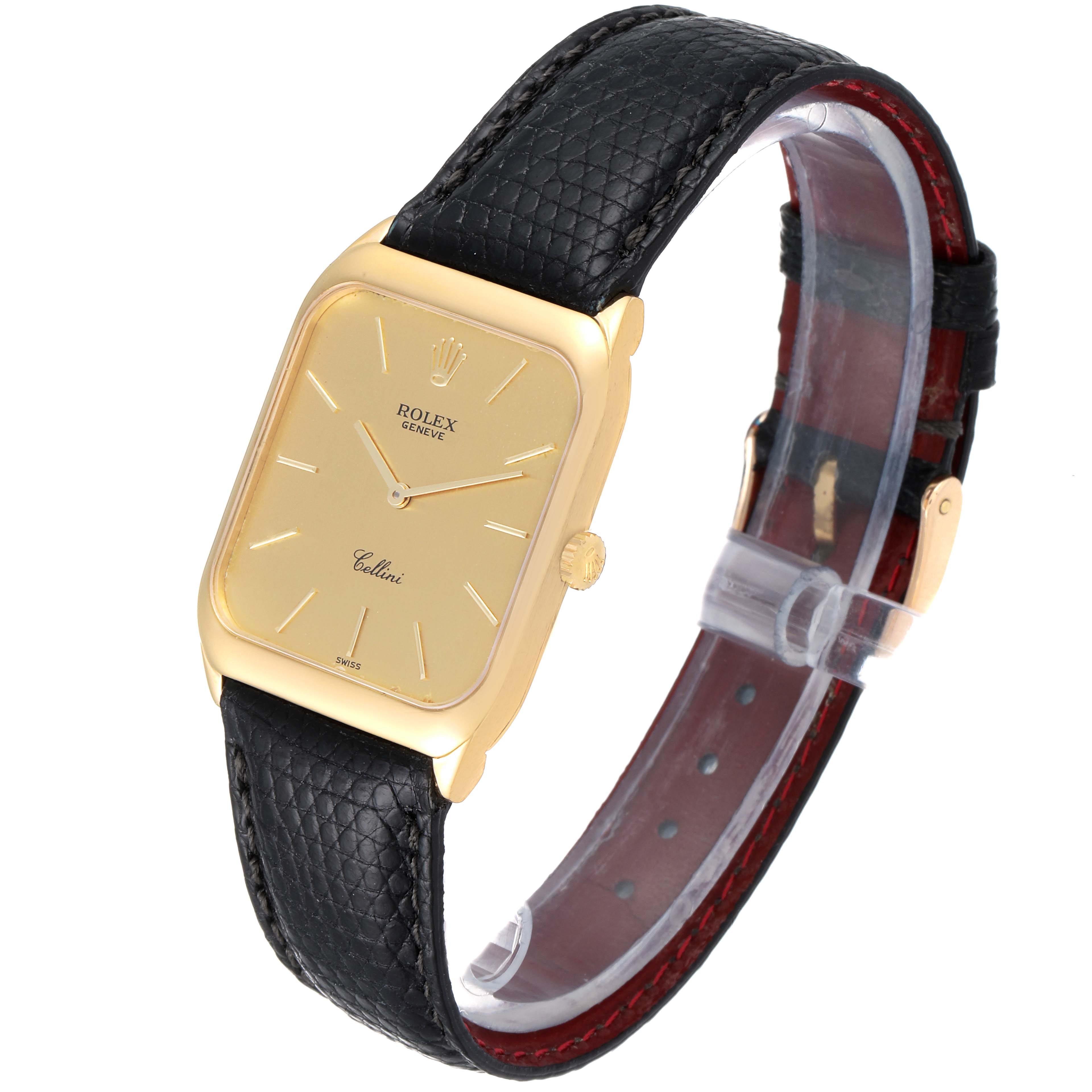 This image shows a Rolex Cellini 4135 Men's Yellow Gold Champagne Dial 4135 Men's Yellow Gold Champagne Dial watch at a slight angle, highlighting its rectangular gold face, black leather strap, and crown.