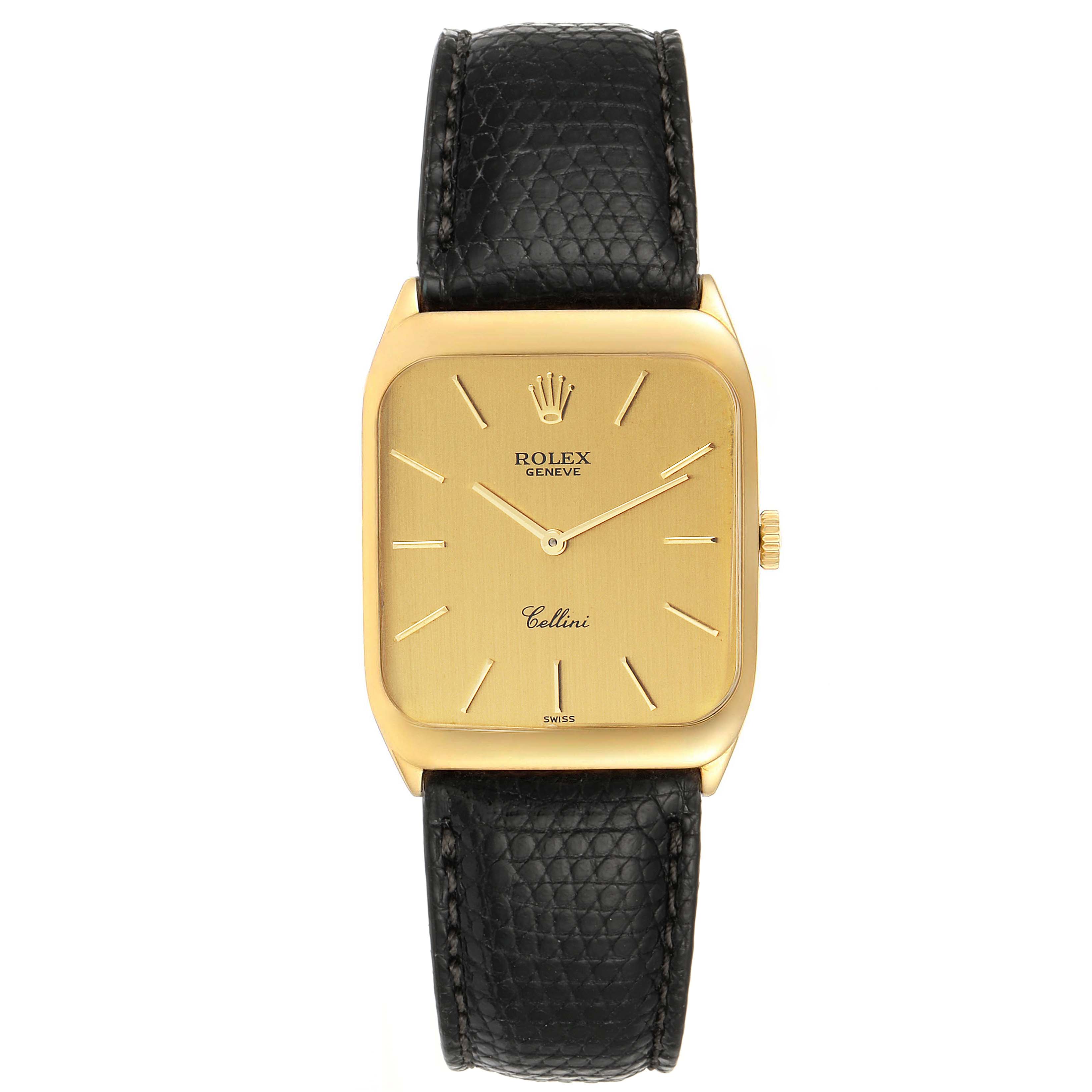 This image shows a frontal view of a Rolex Cellini 4135 Men's Yellow Gold Champagne Dial 4135 Men's Yellow Gold Champagne Dial watch with a gold case and black leather strap.