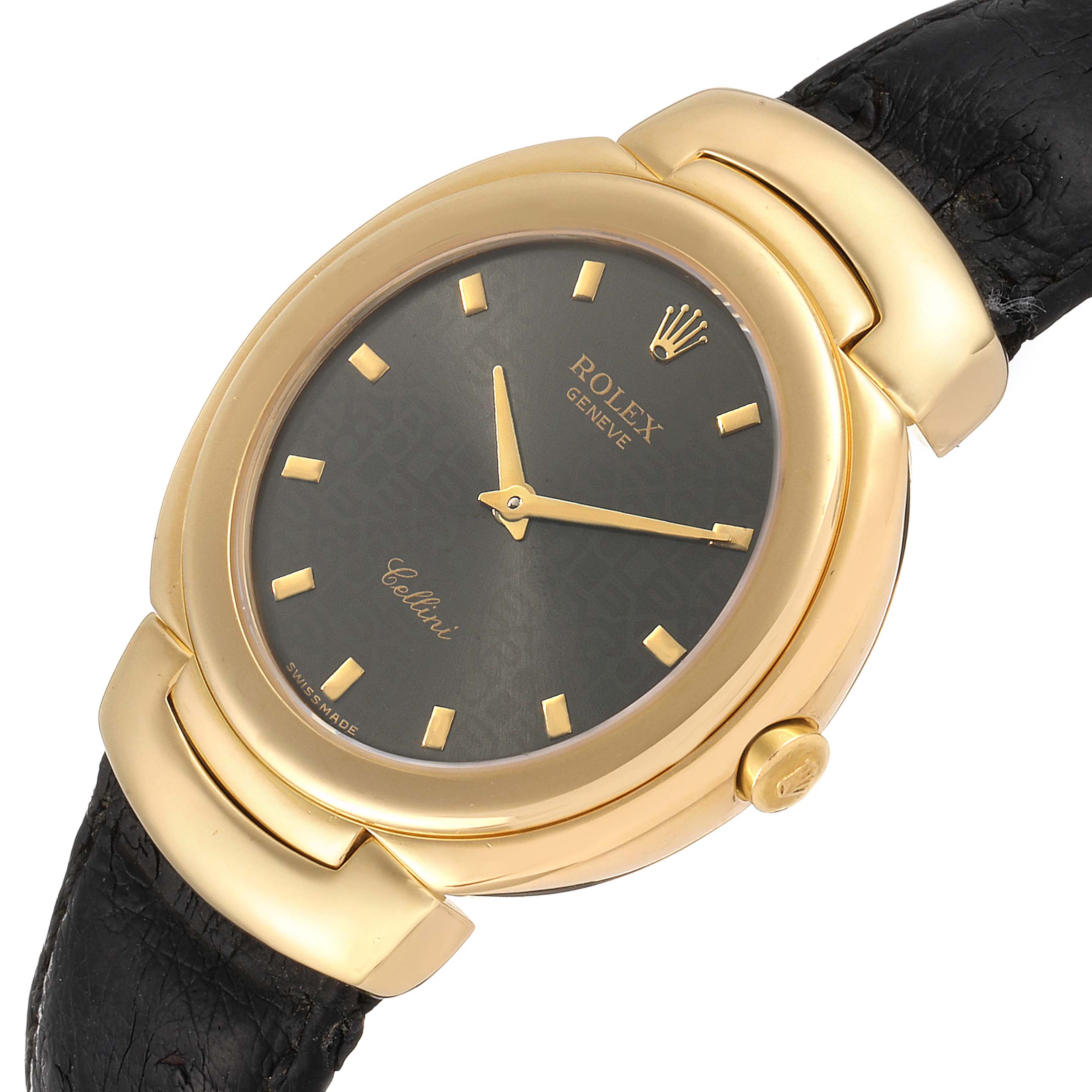 This image shows the Rolex Cellini 6622 Men's Yellow Gold Grey Dial 6622 Men's Yellow Gold Grey Dial watch at an angled view, highlighting its face, golden case, hands, and leather strap.