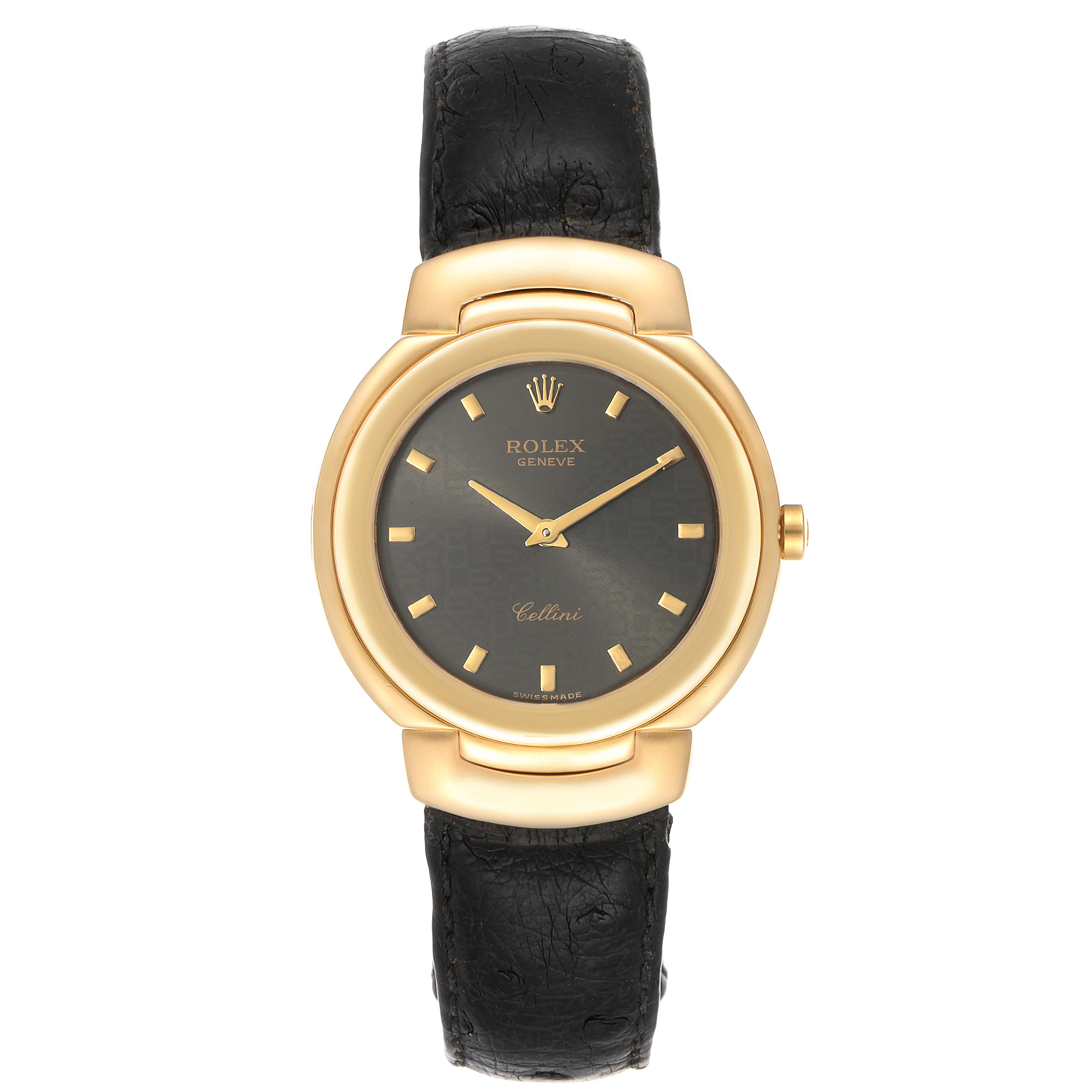 The image shows a front view of a Rolex Cellini 6622 Men's Yellow Gold Grey Dial 6622 Men's Yellow Gold Grey Dial watch with a black leather strap, gold case, and a dark dial.
