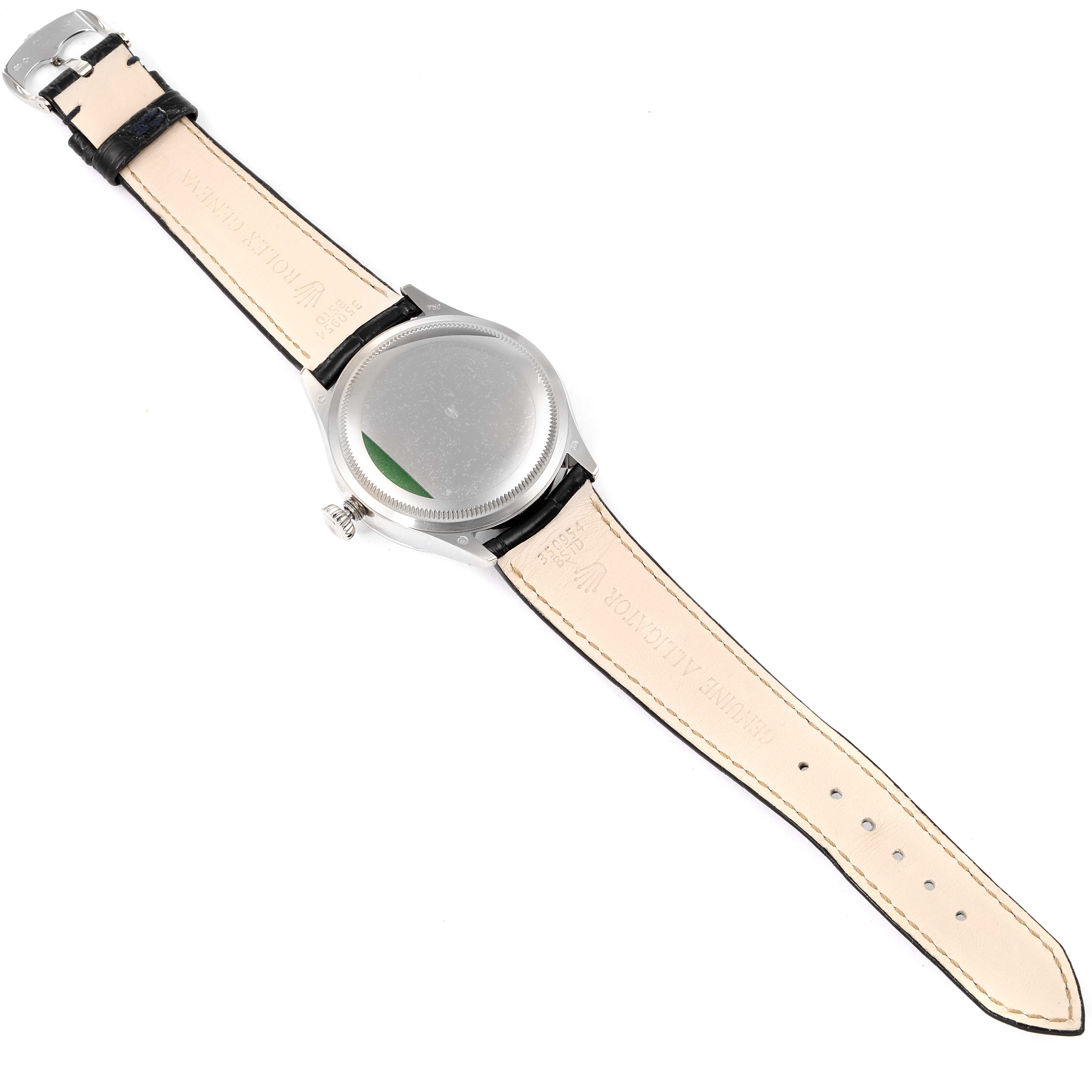 This image shows the back view of a Rolex Cellini 50519 Men's White Gold Blue Dial 50519 Men's White Gold Blue Dial watch, including the case back, crown, and leather strap.