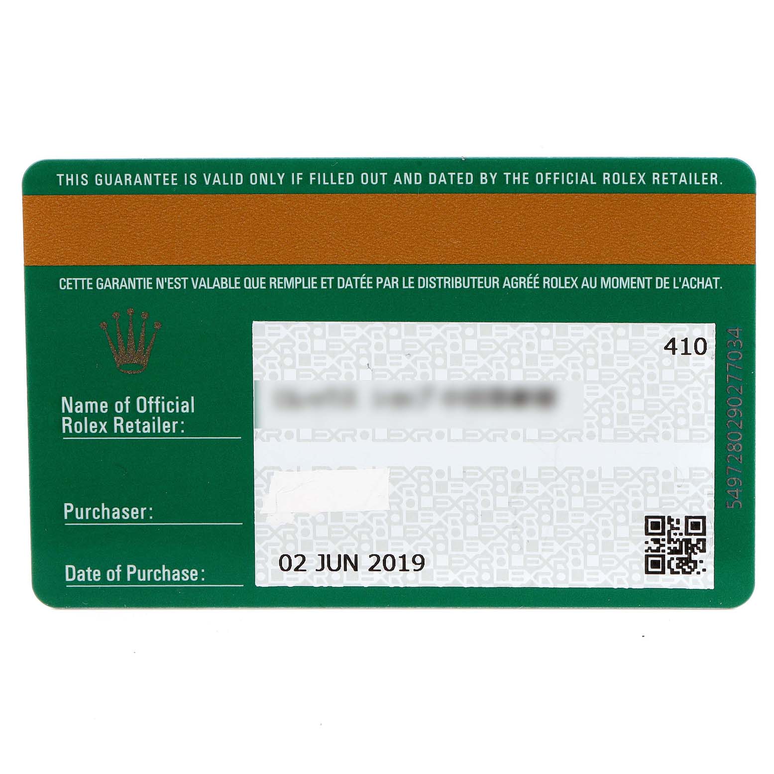 This image shows a warranty card for the Rolex Cellini 50519 Men's White Gold Blue Dial 50519 Men's White Gold Blue Dial model with the purchase date and retailer information.