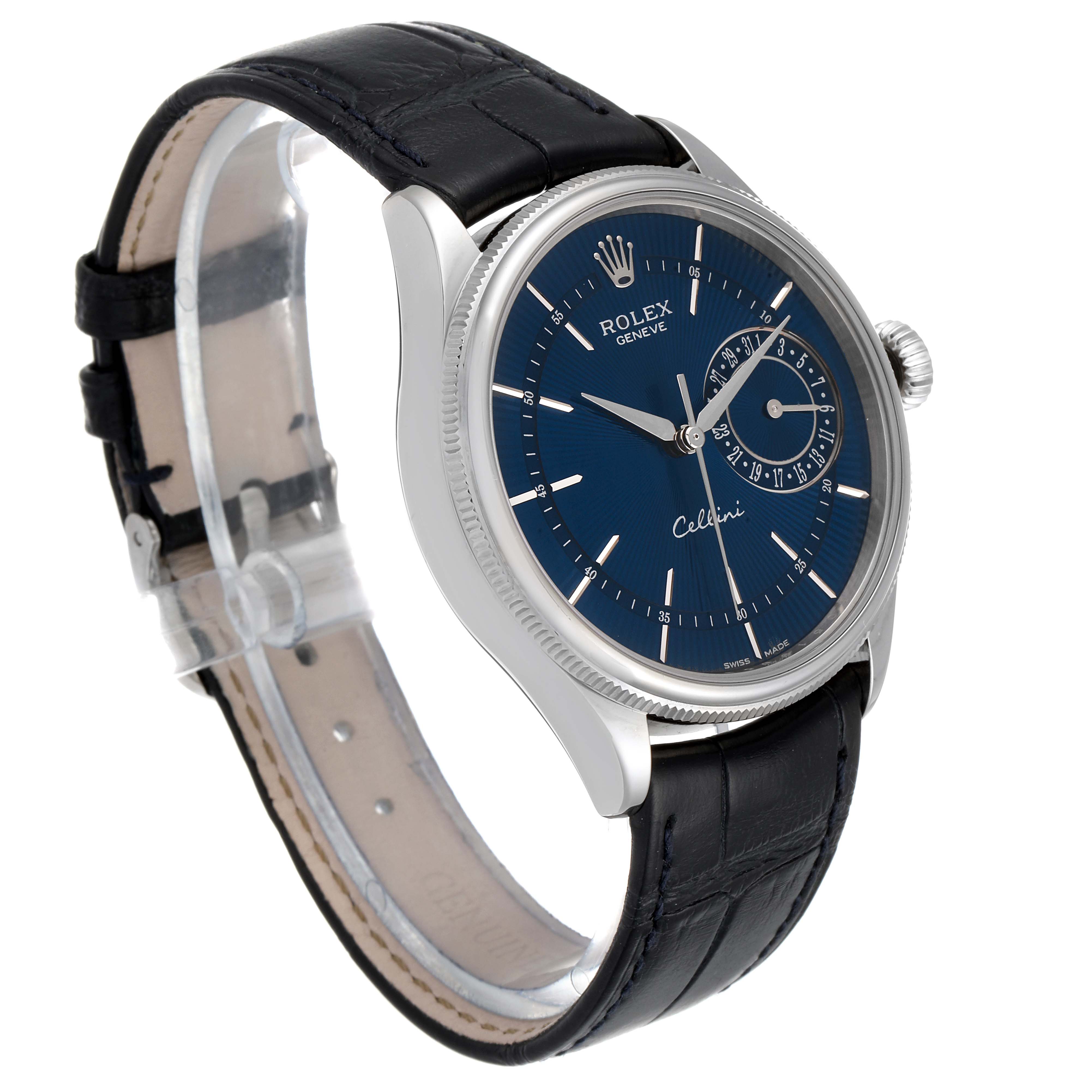 The image shows a side-angle view of a Rolex Cellini 50519 Men's White Gold Blue Dial 50519 Men's White Gold Blue Dial watch, highlighting its blue dial, silver case, and black leather strap.