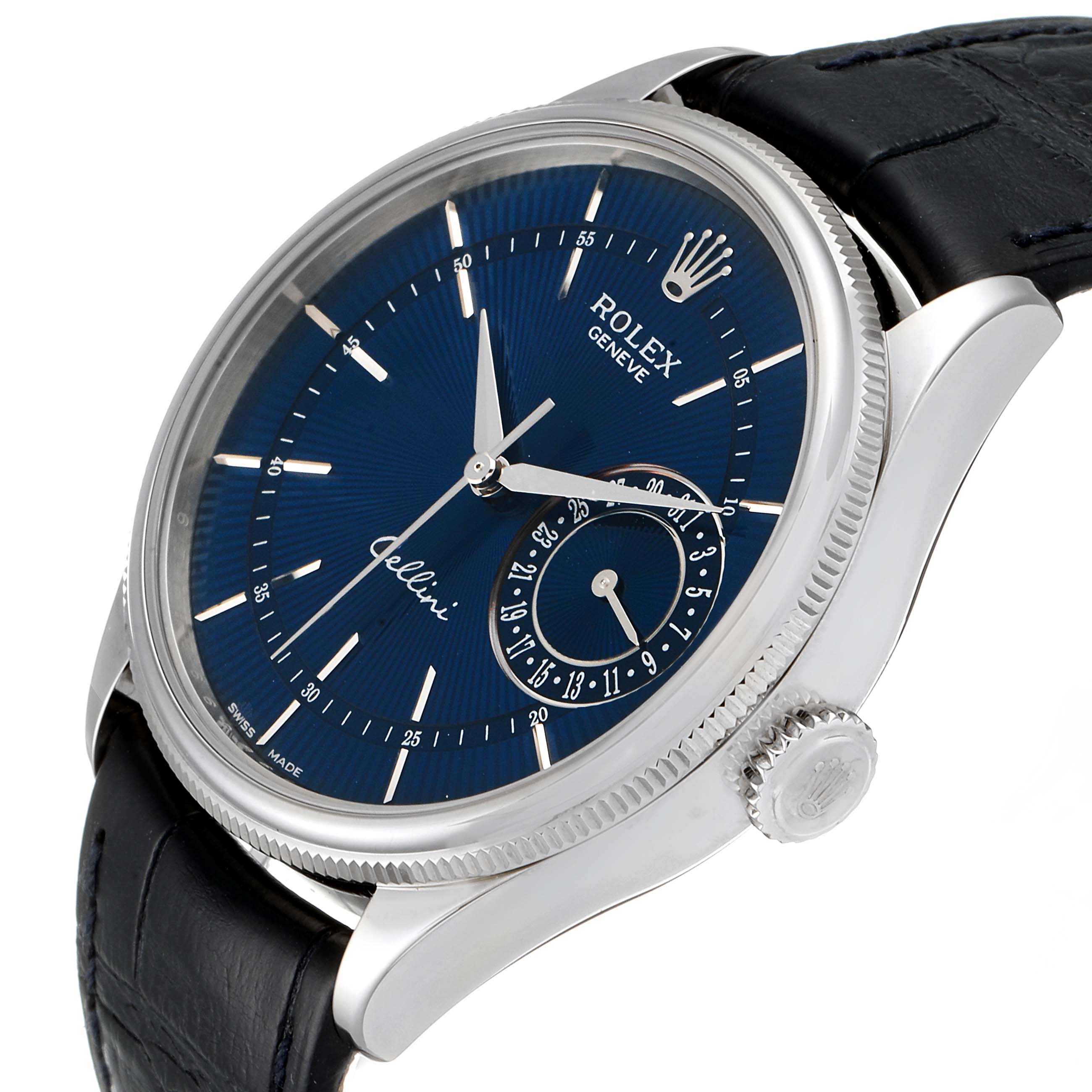 The image shows a Rolex Cellini 50519 Men's White Gold Blue Dial 50519 Men's White Gold Blue Dial watch at a slight angle, highlighting its dial, case, crown, and leather strap.