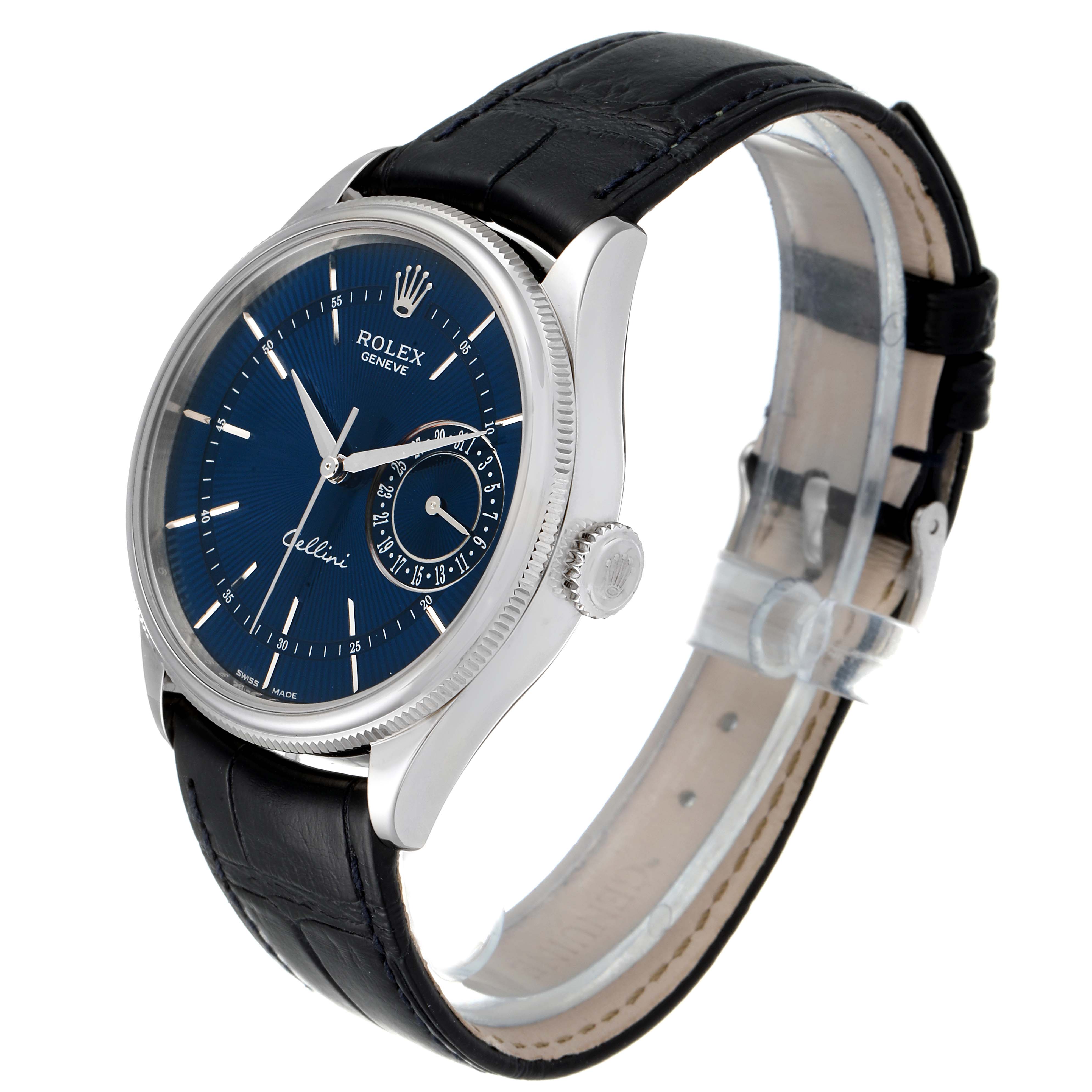 The image shows a side angle of a Rolex Cellini 50519 Men's White Gold Blue Dial 50519 Men's White Gold Blue Dial watch, revealing the dial, bezel, crown, and leather strap.