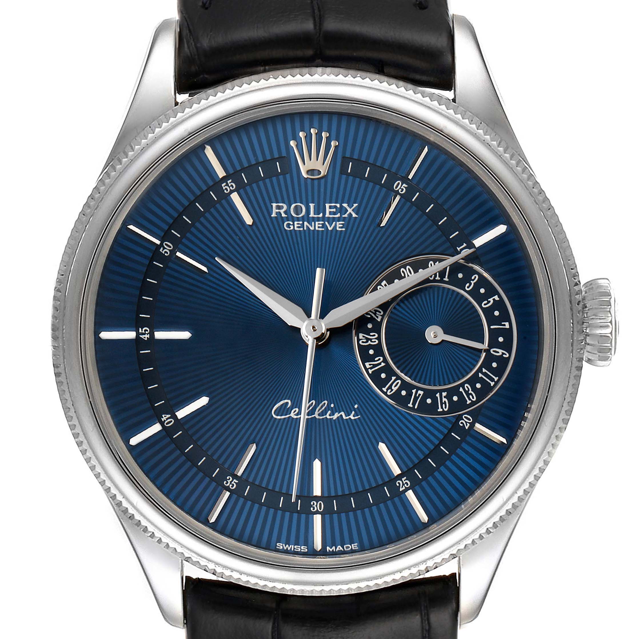 The Rolex Cellini 50519 Men's White Gold Blue Dial 50519 Men's White Gold Blue Dial watch is shown from a front angle, displaying its blue dial, crown, indices, and time sub-dial.