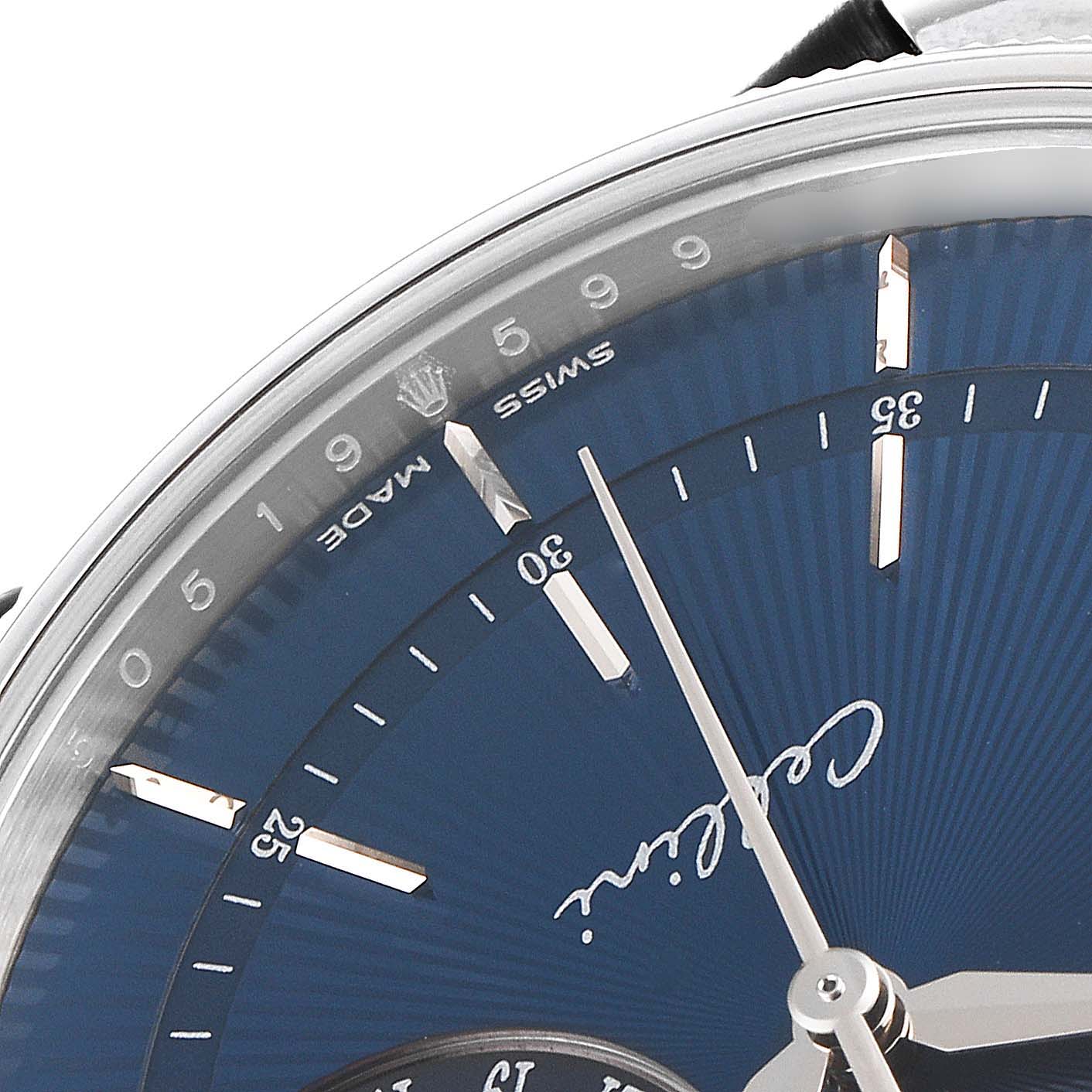 The image shows a close-up of the dial and hour markers of a Rolex Cellini 50519 Men's White Gold Blue Dial 50519 Men's White Gold Blue Dial watch, focusing on the upper right section.