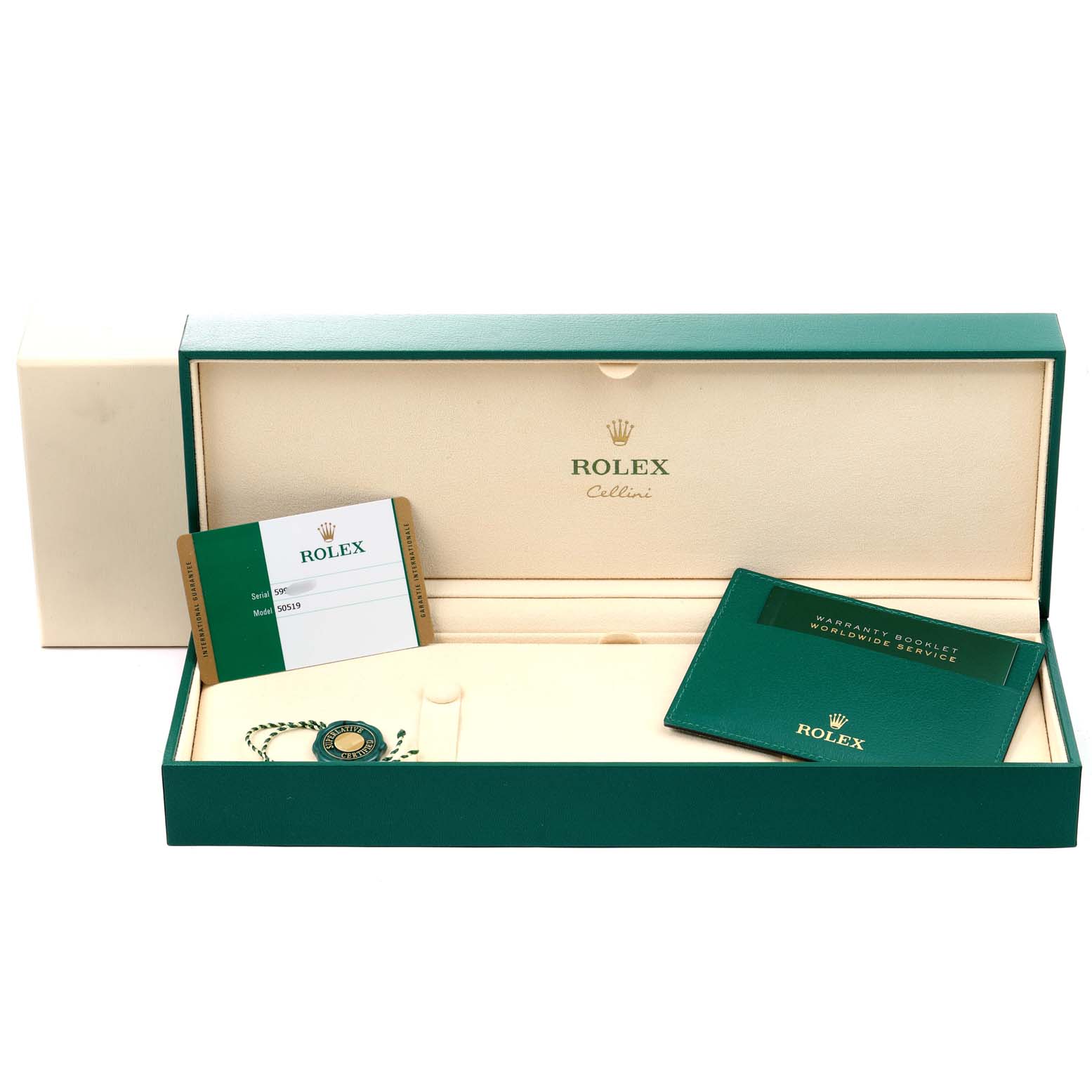 The image shows the open box of a Rolex Cellini 50519 Men's White Gold Blue Dial 50519 Men's White Gold Blue Dial watch, including the warranty card and booklet from a top-down angle.