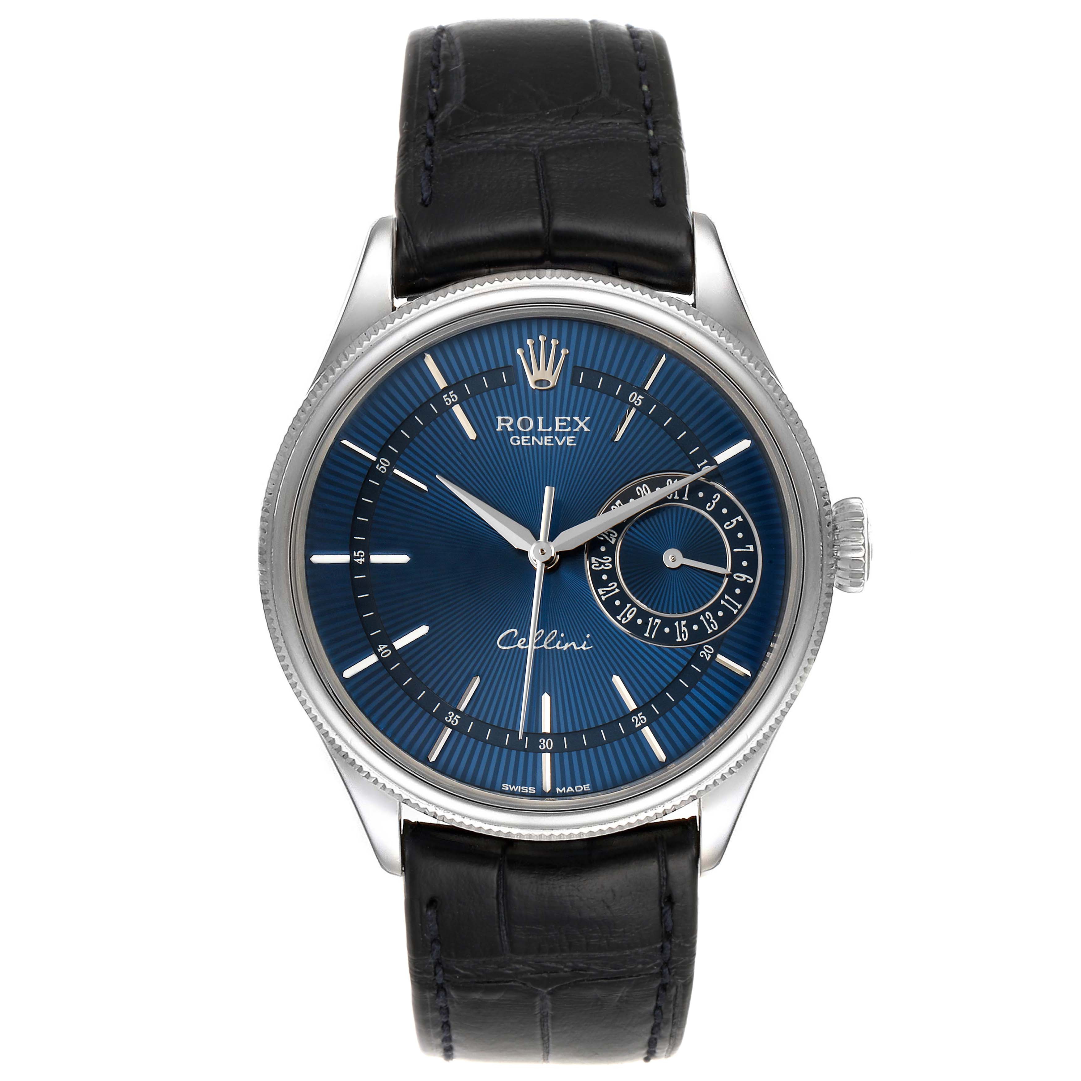 The image shows a front view of a Rolex Cellini 50519 Men's White Gold Blue Dial 50519 Men's White Gold Blue Dial watch with a blue dial and black leather strap.