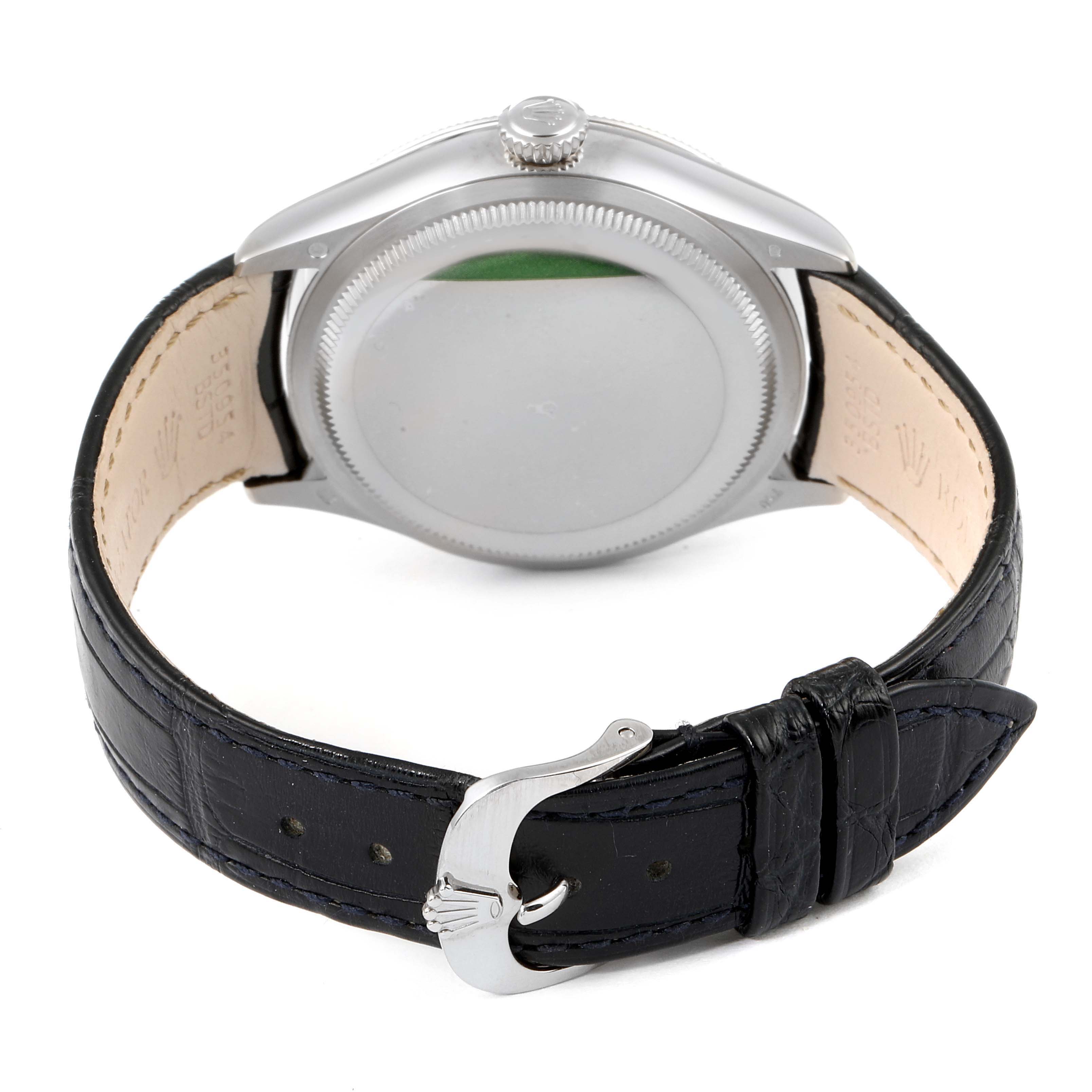 The image shows a rear view of the Cellini model Rolex watch, highlighting the back case and leather strap.