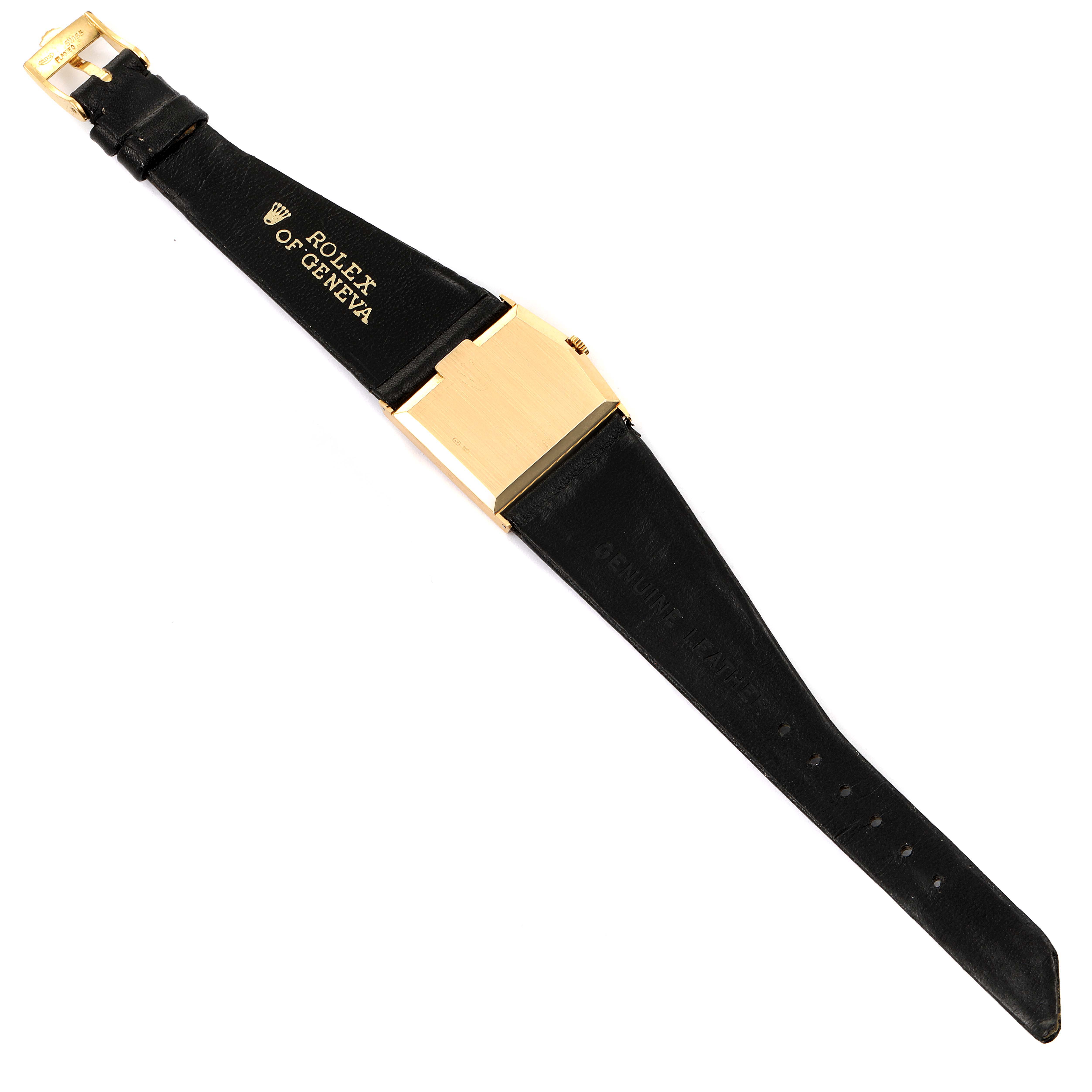 The image shows the Rolex Cellini 4017 Men's Yellow Gold Champagne Dial 4017 Men's Yellow Gold Champagne Dial watch from a top-down angle, highlighting the strap, buckle, and back of the case.