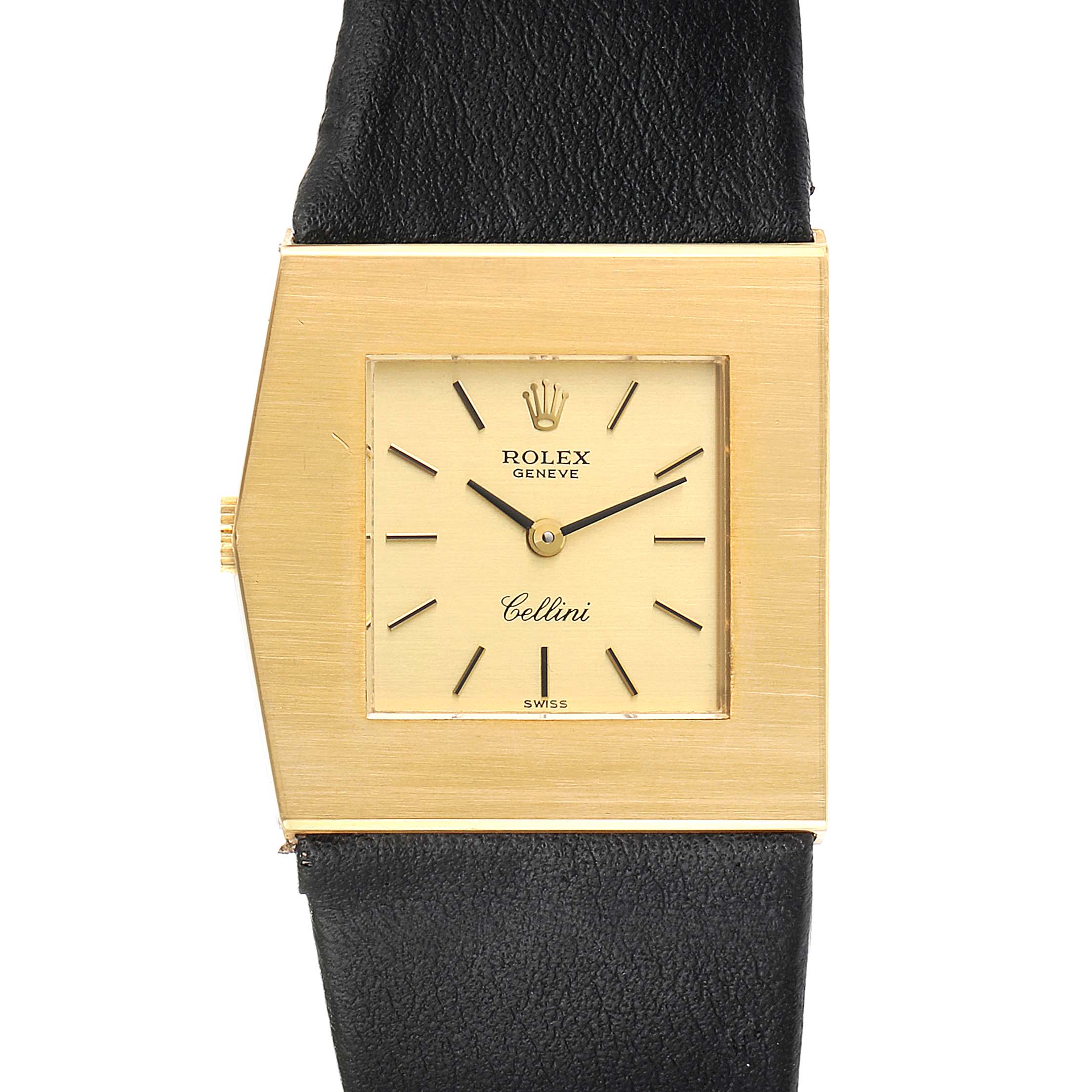 This image displays a frontal view of a Rolex Cellini 4017 Men's Yellow Gold Champagne Dial 4017 Men's Yellow Gold Champagne Dial watch, highlighting its square gold case, cream dial, and black leather strap.