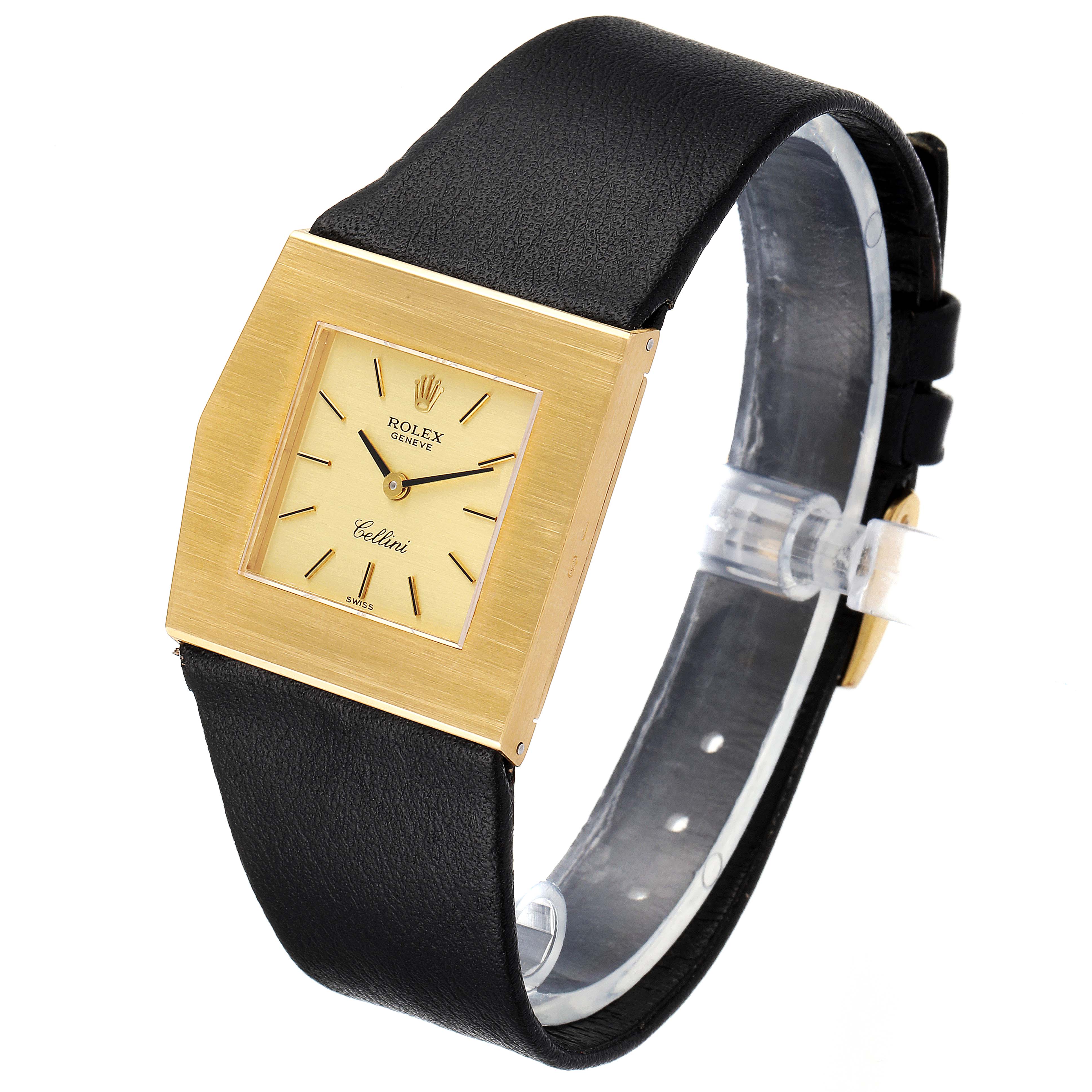 This image shows a Rolex Cellini 4017 Men's Yellow Gold Champagne Dial 4017 Men's Yellow Gold Champagne Dial watch from a side angle, displaying the gold square face and black leather strap.