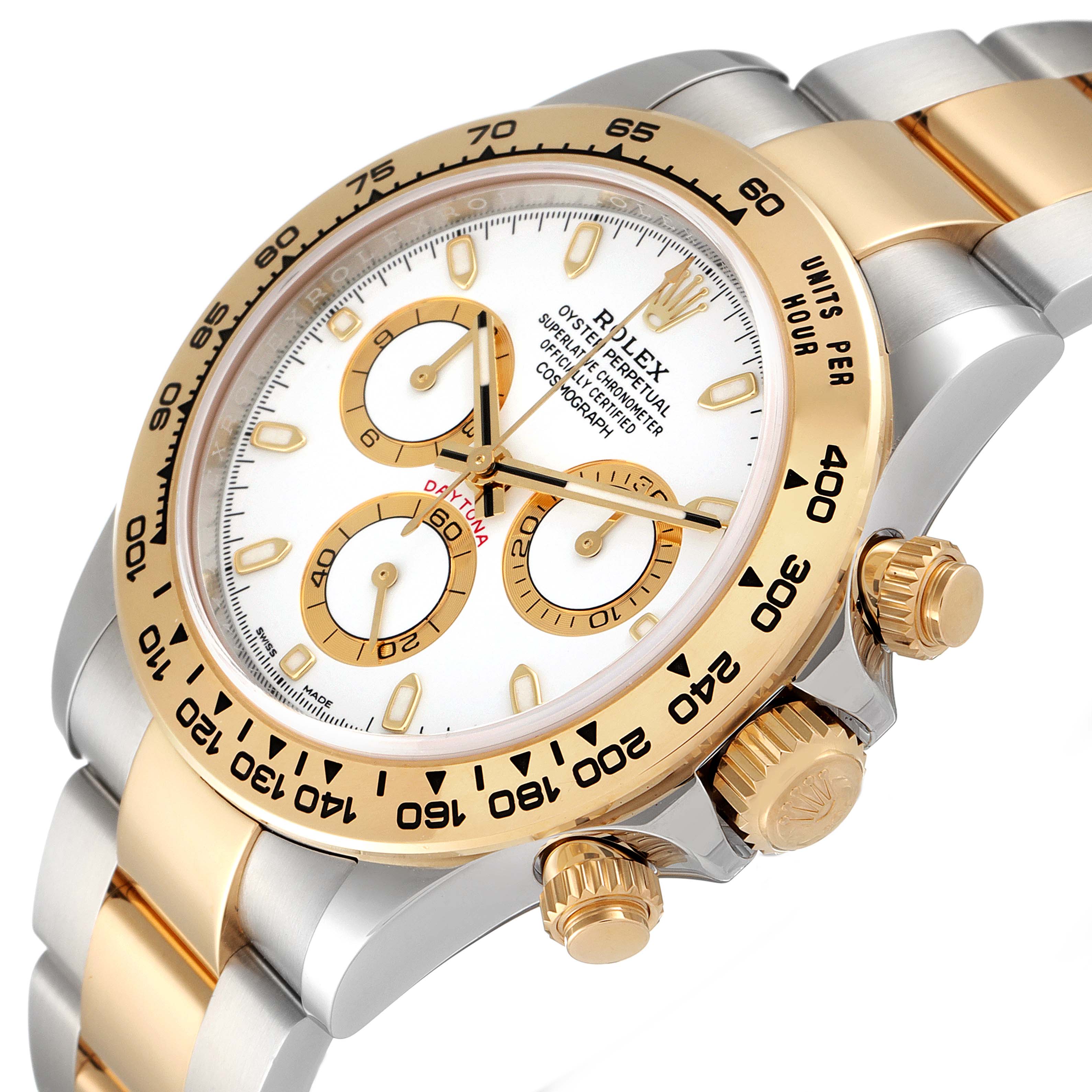 This image shows a close-up angled view of the face, bezel, and side buttons of a Rolex Daytona 116503 Men
s Steel and Gold (two tone) White Dial 116503 Men
s Steel and Gold (two tone) White Dial watch.