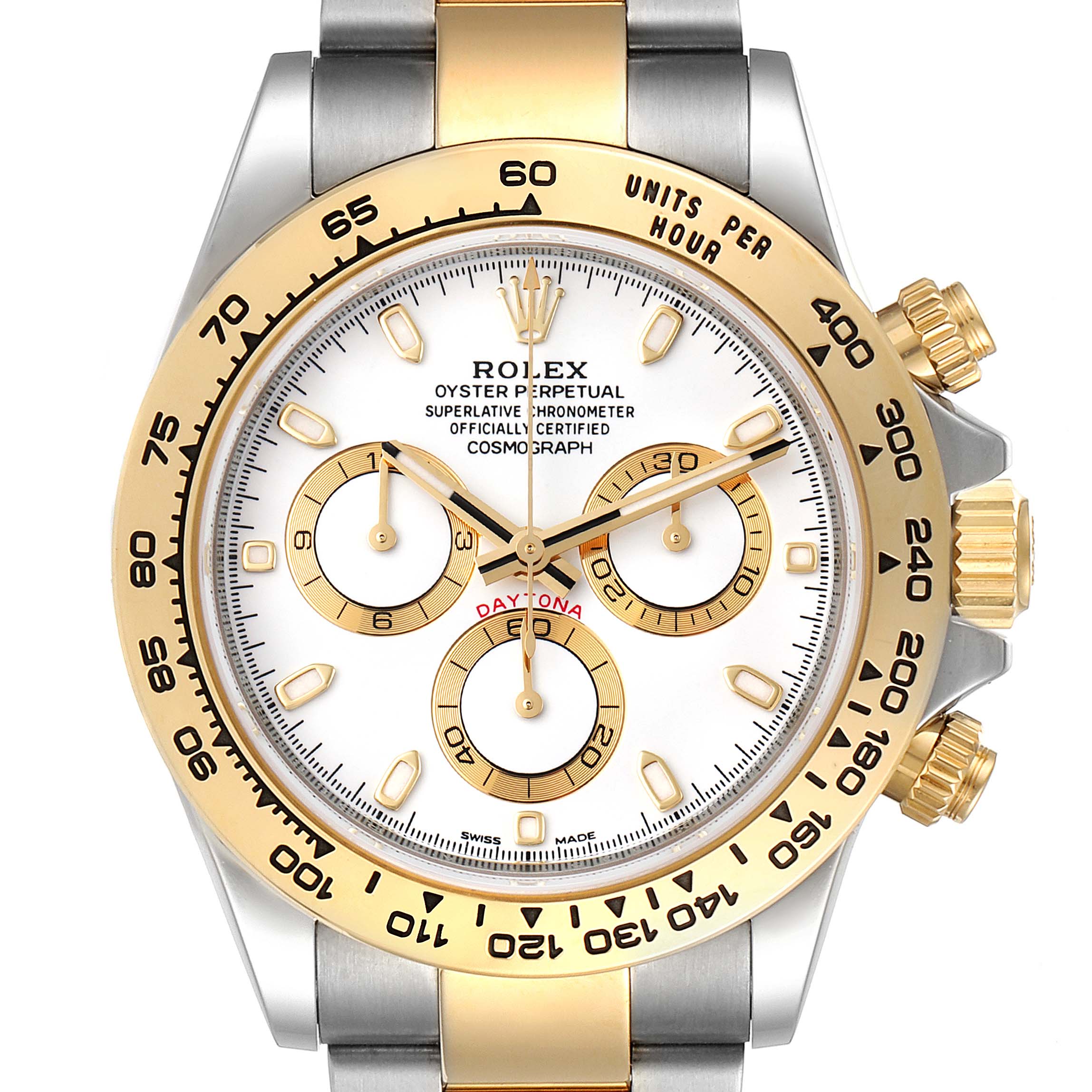 This image shows a front view of the Rolex Daytona 116503 Men
s Steel and Gold (two tone) White Dial 116503 Men
s Steel and Gold (two tone) White Dial watch, highlighting the dial, bezel, crown, and pushers.