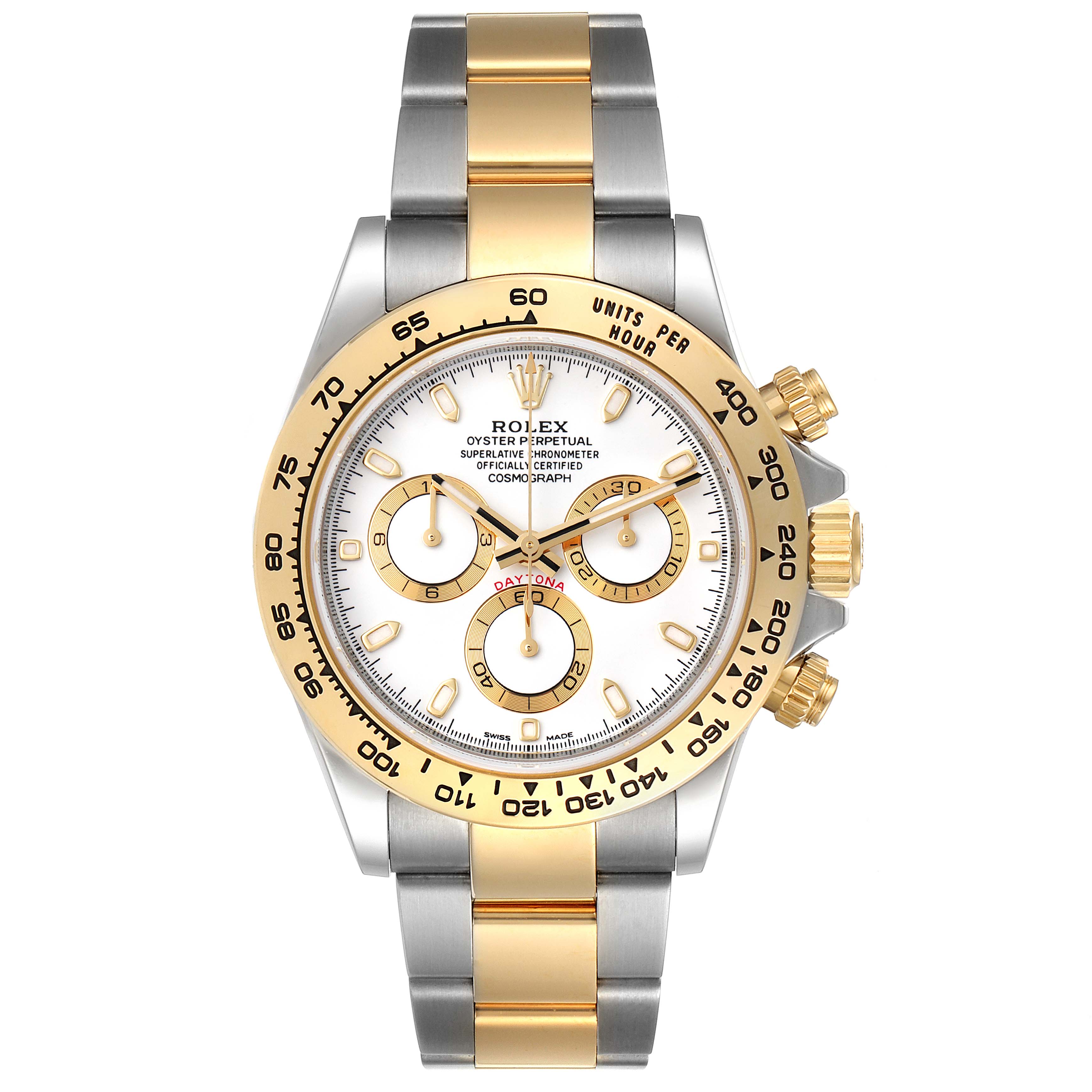 The image shows a front view of the Rolex Daytona 116503 Men
s Steel and Gold (two tone) White Dial 116503 Men
s Steel and Gold (two tone) White Dial watch, highlighting the bezel, dial, and bracelet.