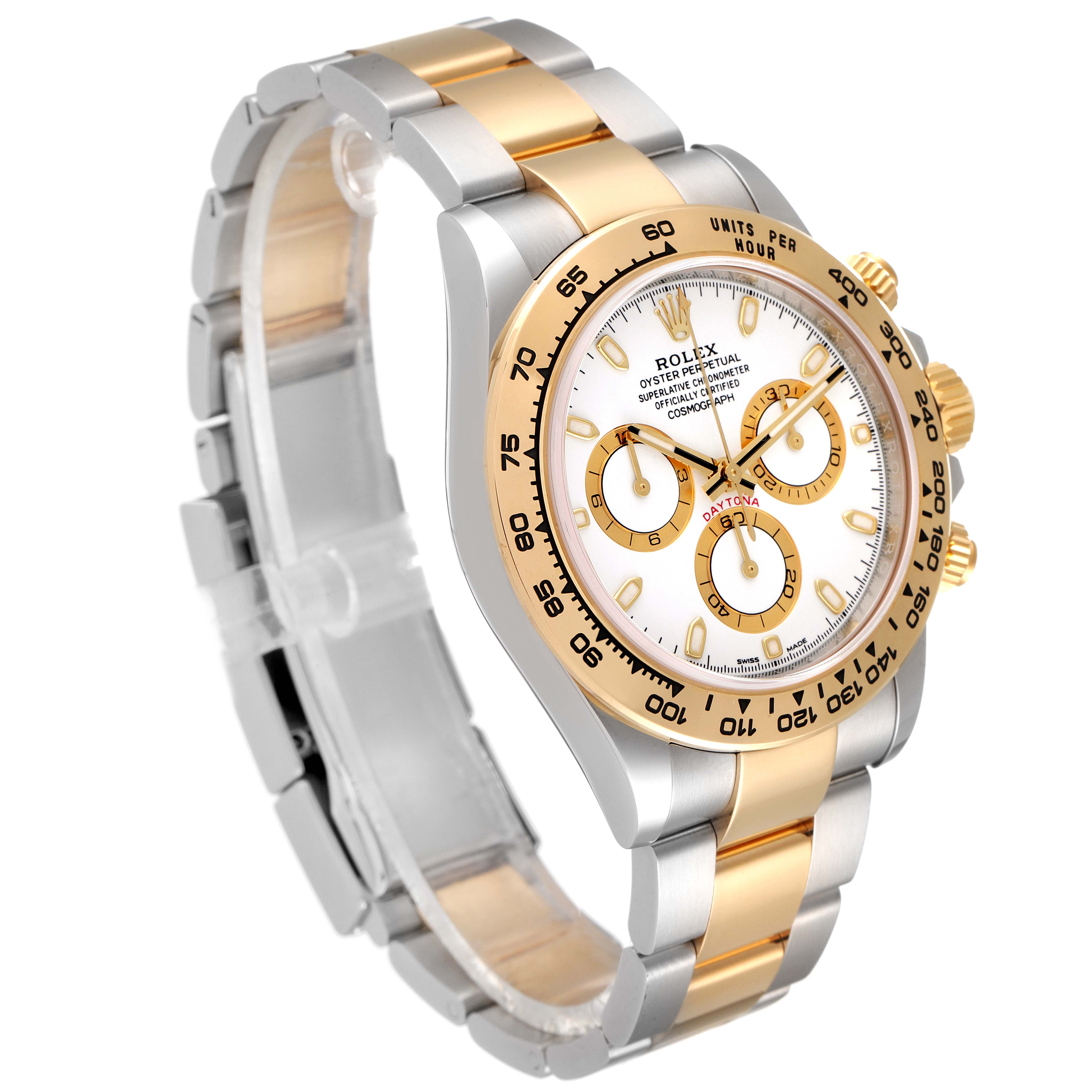 The image shows a Rolex Daytona 116503 Men
s Steel and Gold (two tone) White Dial 116503 Men
s Steel and Gold (two tone) White Dial watch at a slight side angle, highlighting its two-tone band and detailed face.