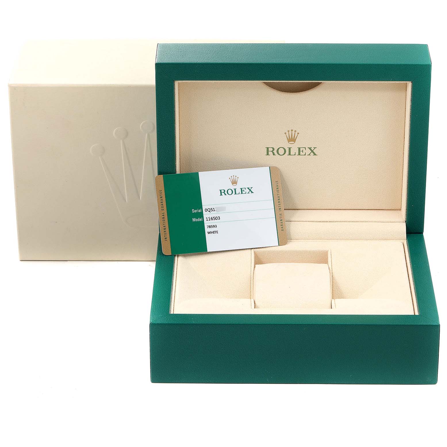 This image shows the packaging of a Rolex Daytona 116503 Men
s Steel and Gold (two tone) White Dial 116503 Men
s Steel and Gold (two tone) White Dial, including the watch box, outer box, and warranty card.