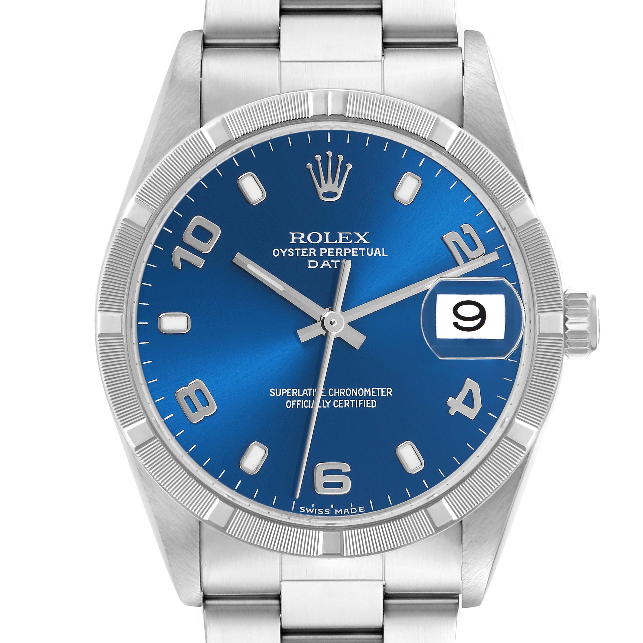 This Rolex Date 15210 Men's Stainless Steel Blue Dial 15210 Men's Stainless Steel Blue Dial watch is shown from the front, highlighting the blue dial, fluted bezel, and bracelet.