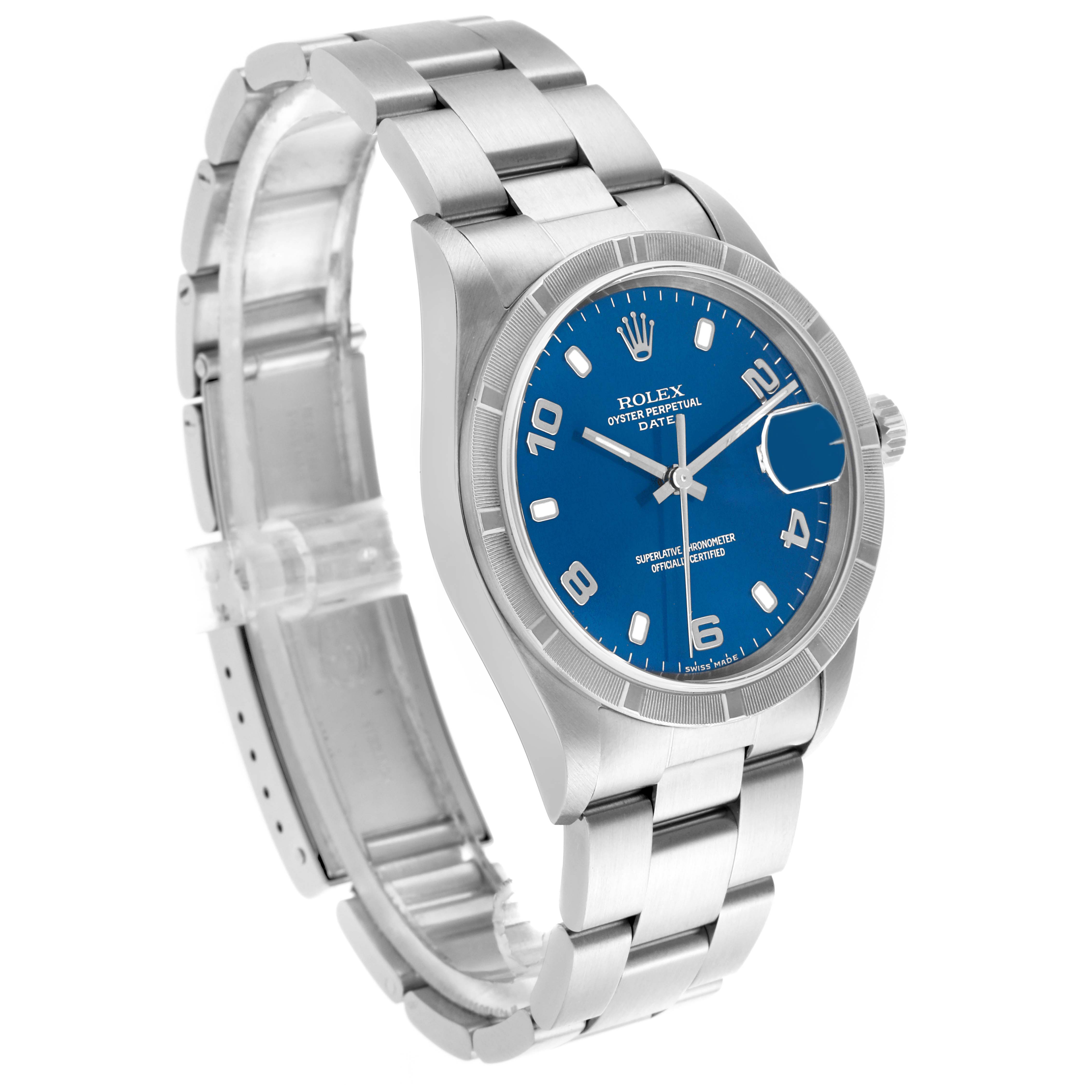 The Rolex Date 15210 Men's Stainless Steel Blue Dial 15210 Men's Stainless Steel Blue Dial watch is shown at a three-quarter angle, highlighting the blue dial, bezel, and part of the bracelet.