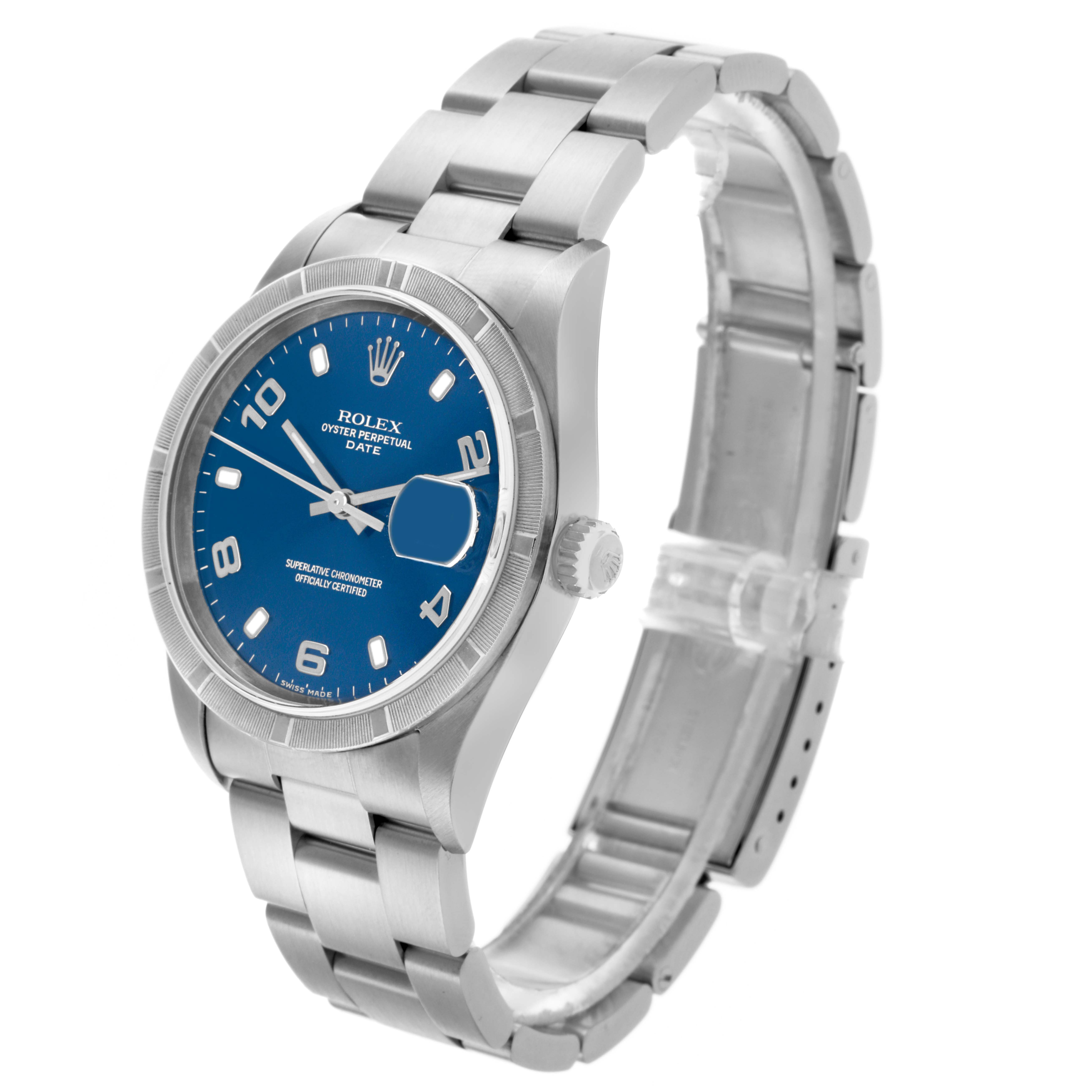 The Rolex Date 15210 Men's Stainless Steel Blue Dial 15210 Men's Stainless Steel Blue Dial watch is shown at a three-quarter angle, highlighting the blue dial, bezel, crown, and metal bracelet.