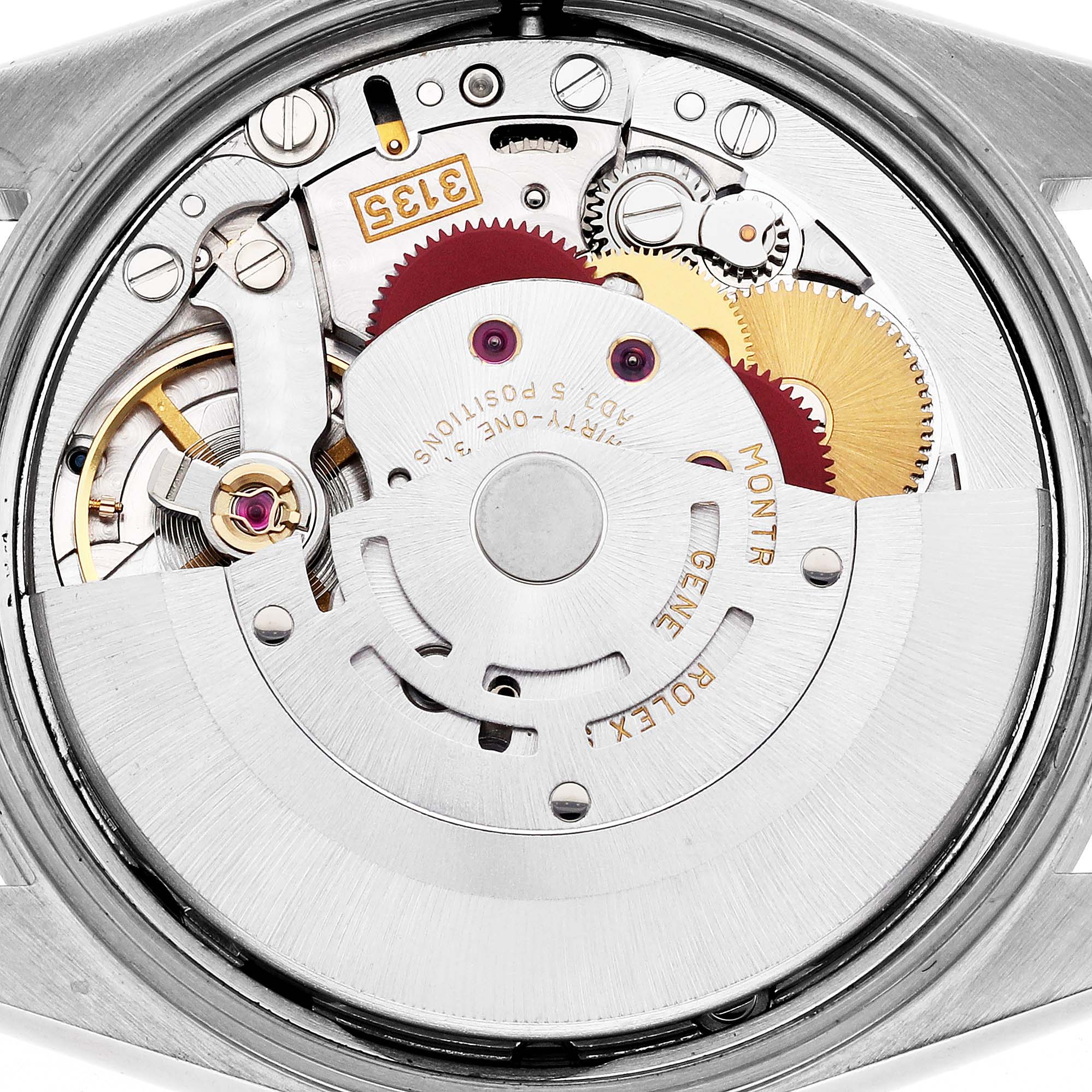 The image shows the internal mechanism of a Rolex Date 15210 Men's Stainless Steel Blue Dial 15210 Men's Stainless Steel Blue Dial model watch, highlighting gears and the rotor from the back.